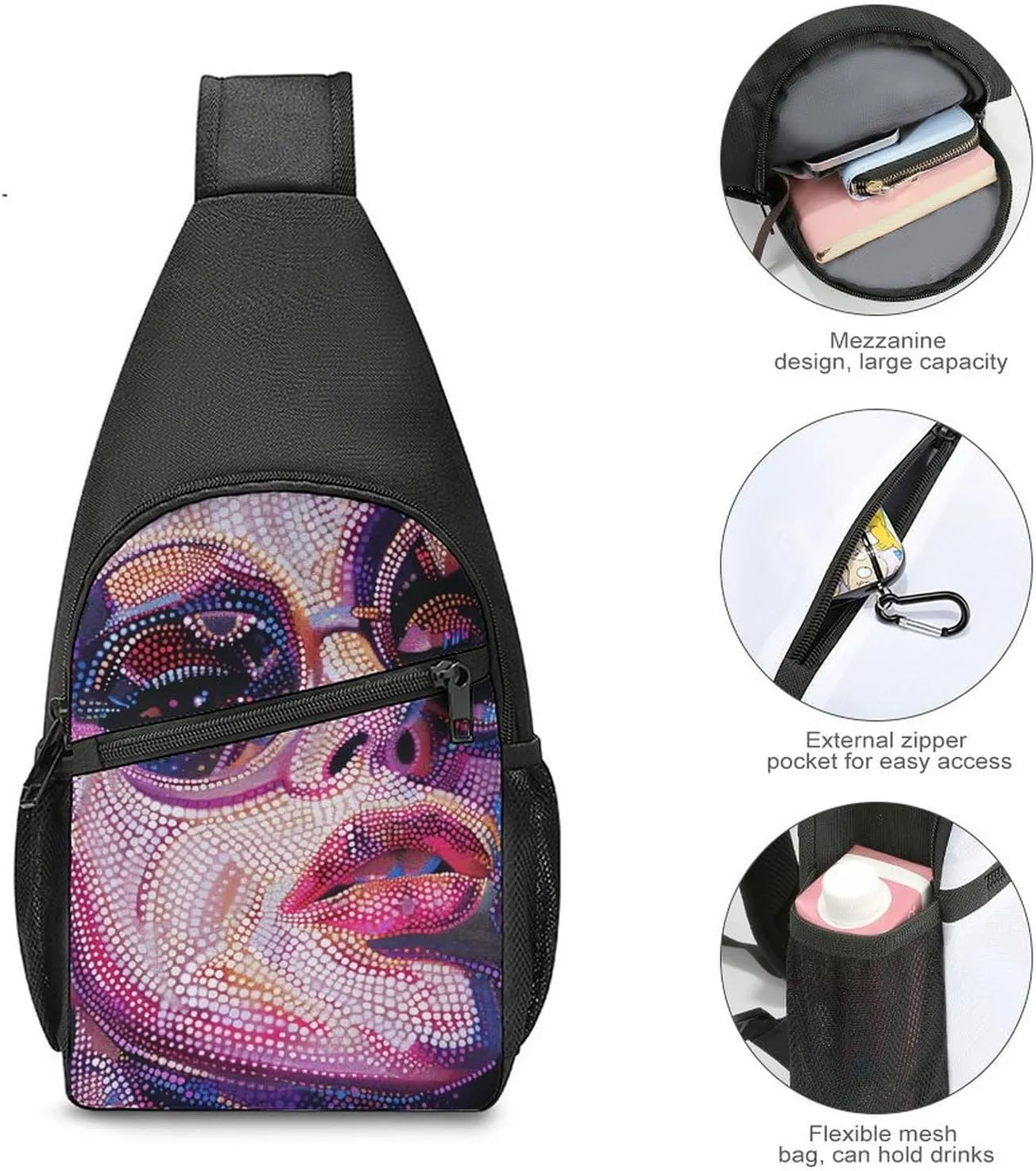Sling Backpack for Women Men Crossbody Chest Bag Travel Dot Portrait Style Daypack Shoulder Bag for Hiking
