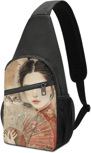 Sling Backpack for Women Men Crossbody Chest Bag Travel Fan And Cat Daypack Shoulder Bag for Hiking