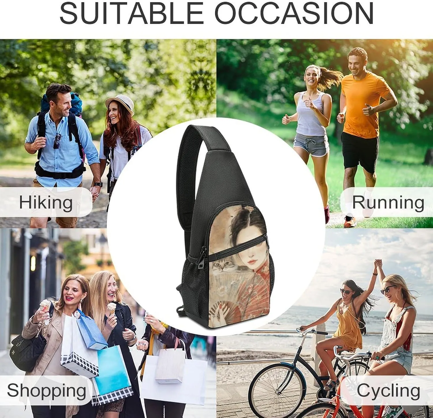 Sling Backpack for Women Men Crossbody Chest Bag Travel Fan And Cat Daypack Shoulder Bag for Hiking