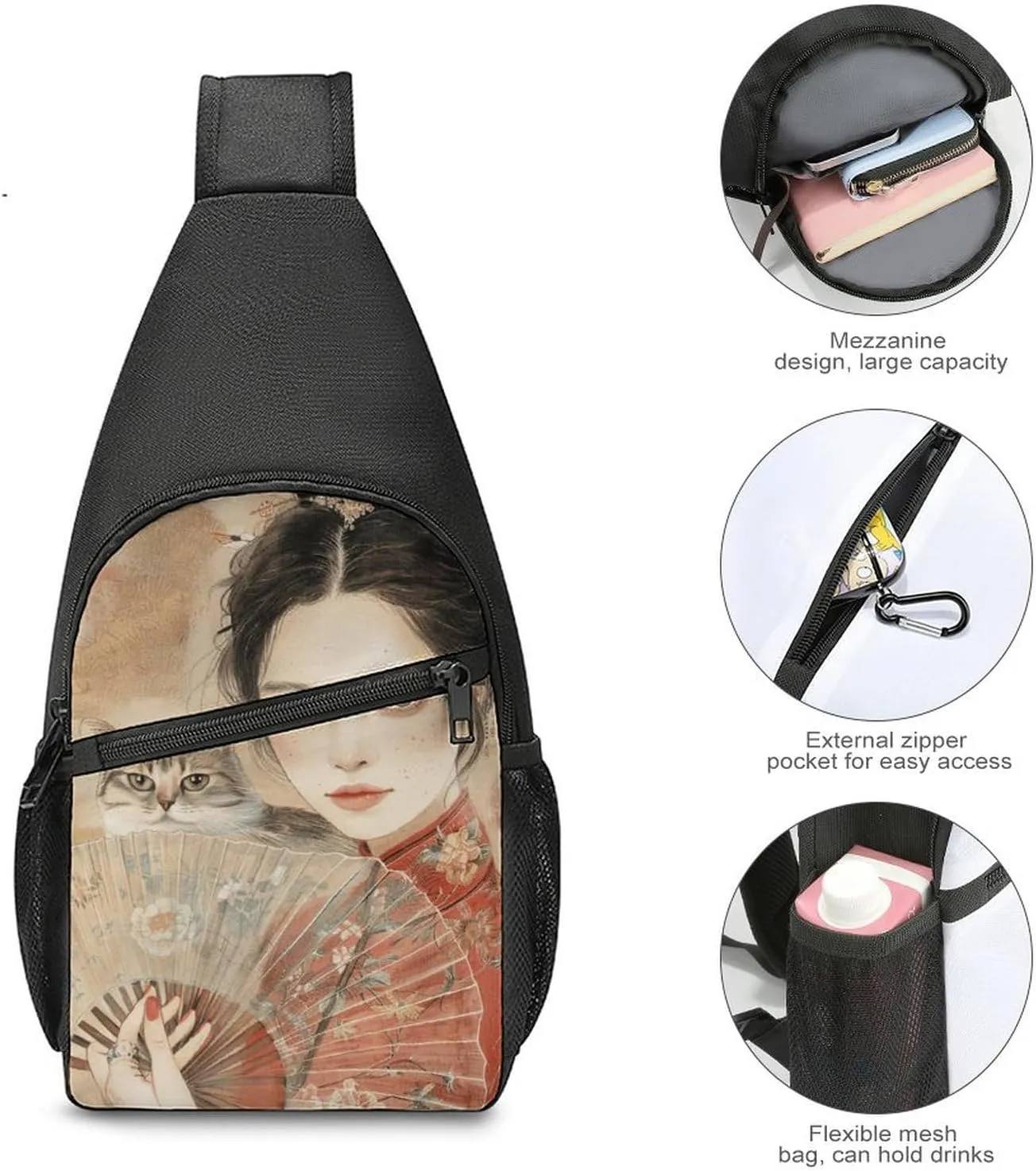 Sling Backpack for Women Men Crossbody Chest Bag Travel Fan And Cat Daypack Shoulder Bag for Hiking