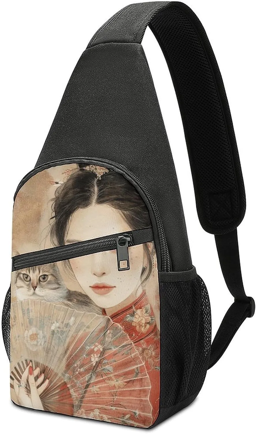 Sling Backpack for Women Men Crossbody Chest Bag Travel Fan And Cat Daypack Shoulder Bag for Hiking