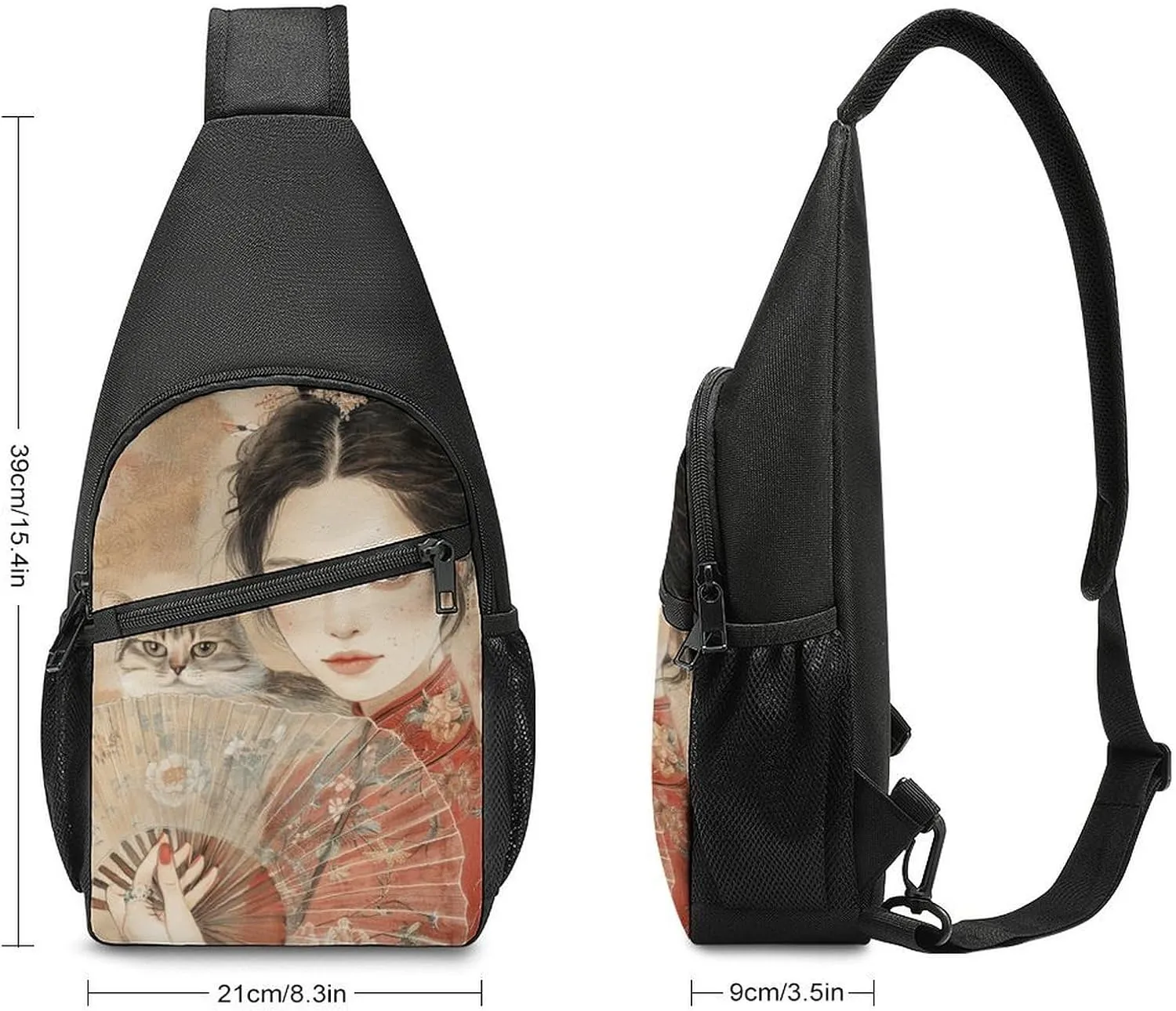Sling Backpack for Women Men Crossbody Chest Bag Travel Fan And Cat Daypack Shoulder Bag for Hiking
