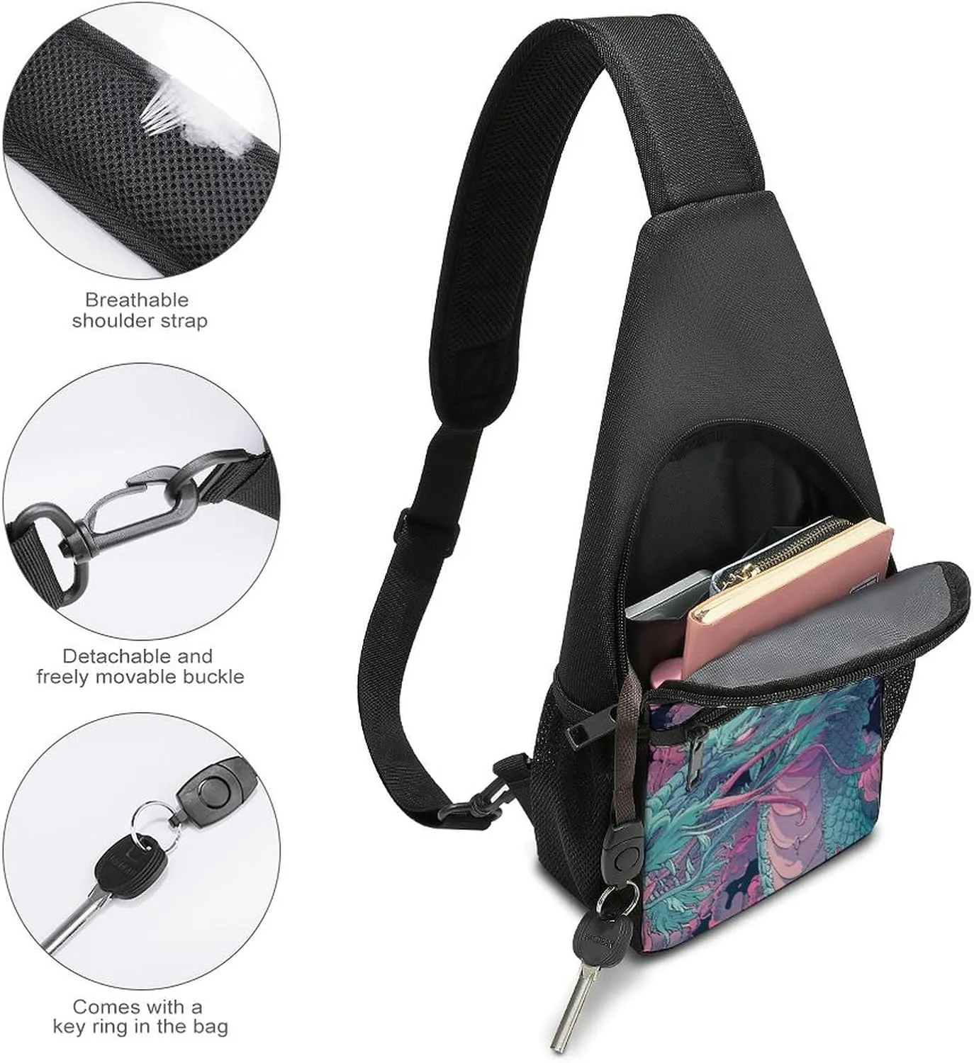 Sling Backpack for Women Men Crossbody Chest Bag Travel Fantasy Style Dragon Daypack Shoulder Bag for Hiking