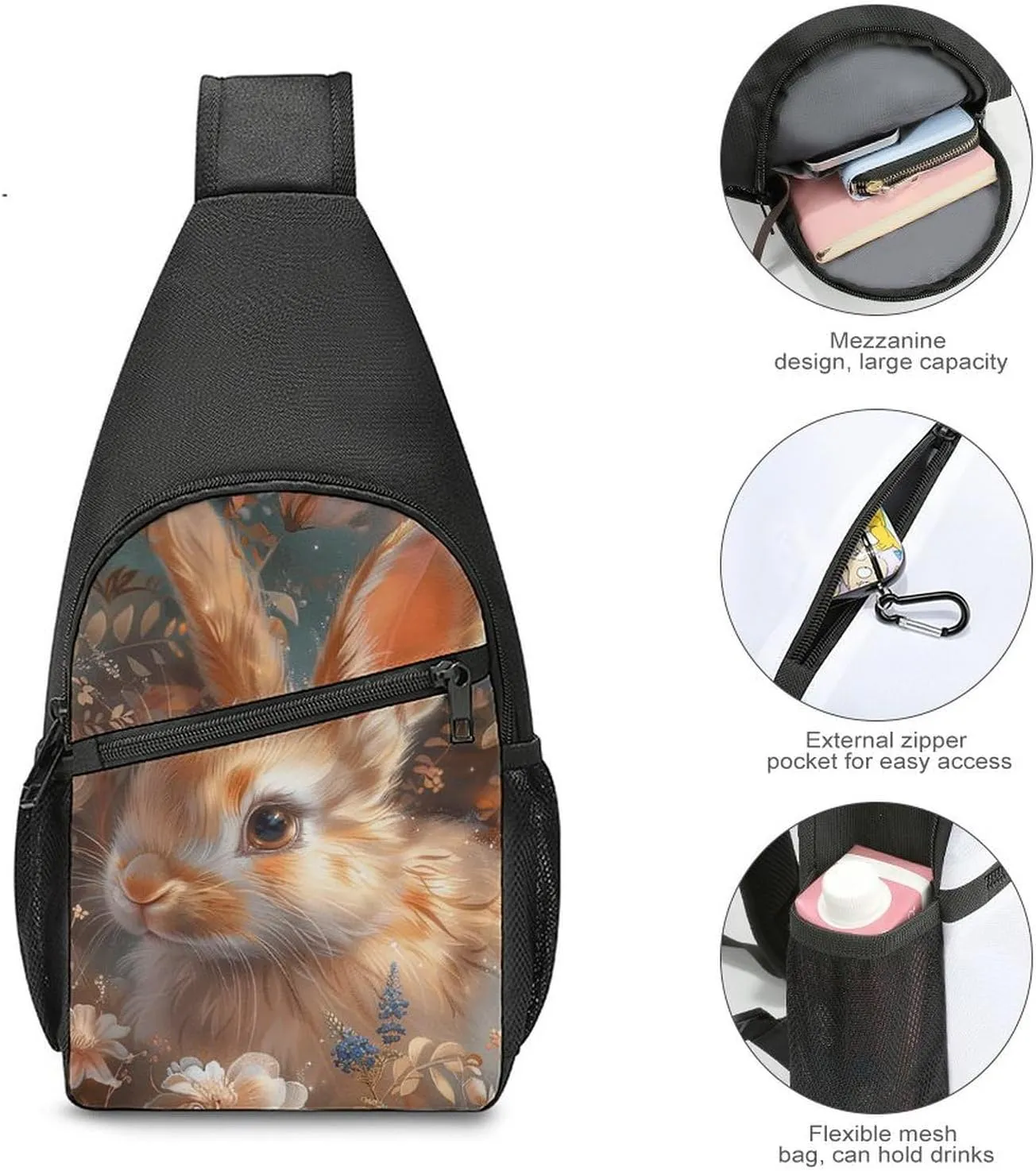 Sling Backpack for Women Men Crossbody Chest Bag Travel Floral Art Bunny Daypack Shoulder Bag for Hiking
