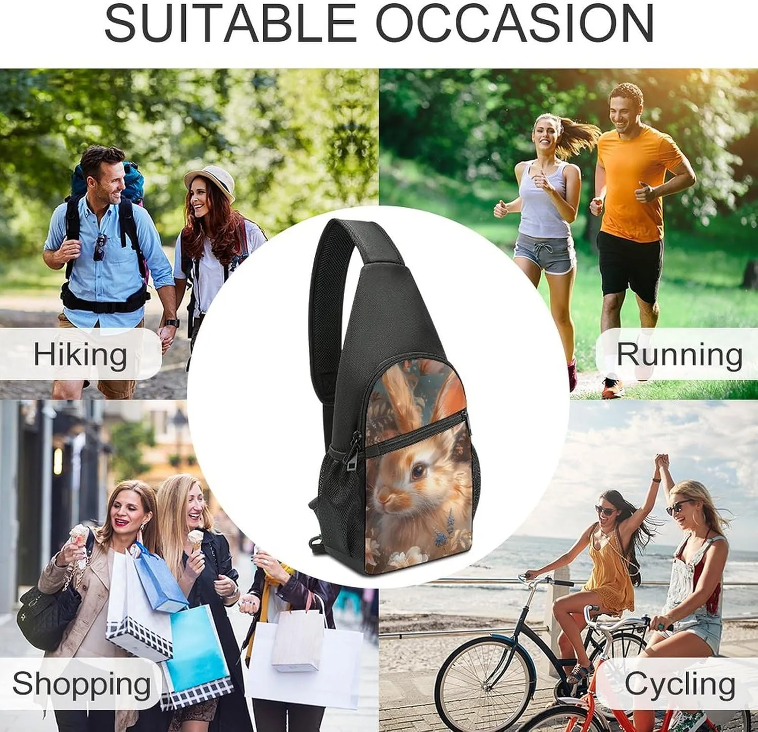 Sling Backpack for Women Men Crossbody Chest Bag Travel Floral Art Bunny Daypack Shoulder Bag for Hiking