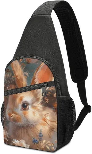 Sling Backpack for Women Men Crossbody Chest Bag Travel Floral Art Bunny Daypack Shoulder Bag for Hiking