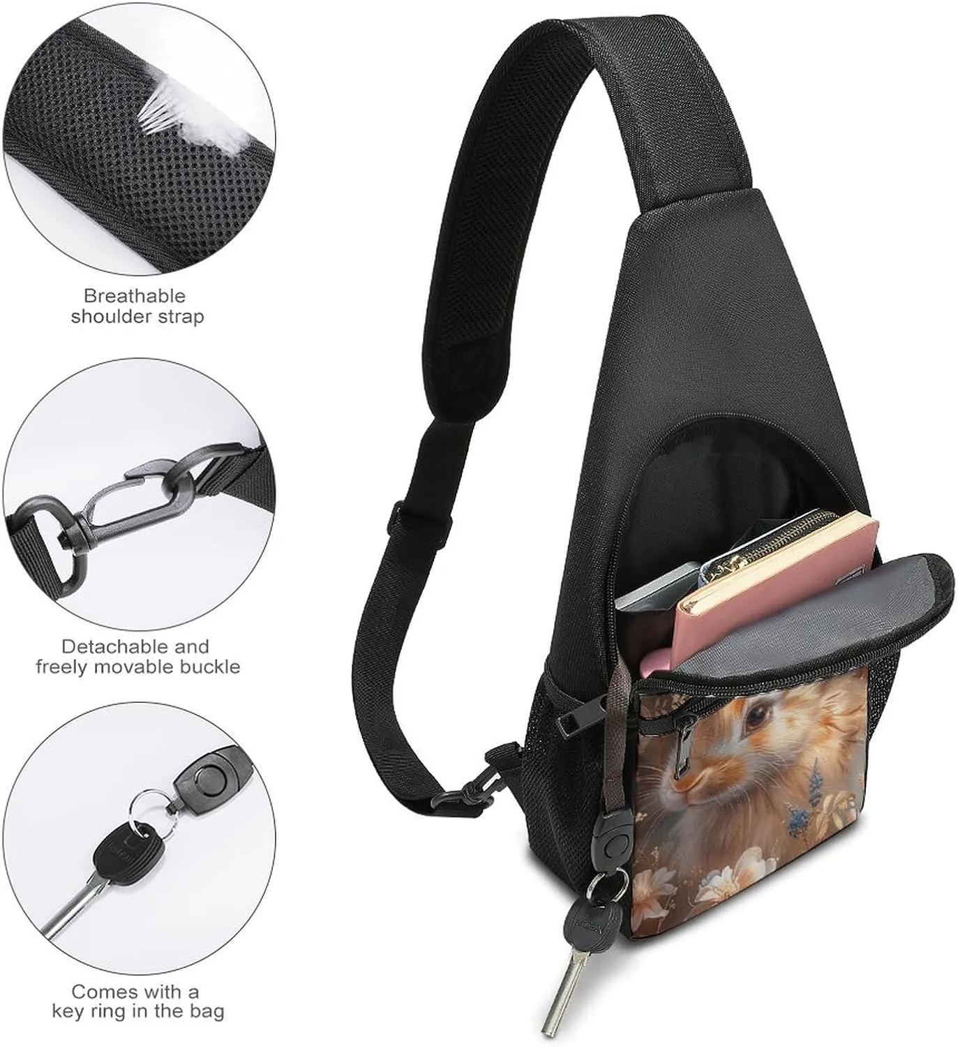 Sling Backpack for Women Men Crossbody Chest Bag Travel Floral Art Bunny Daypack Shoulder Bag for Hiking