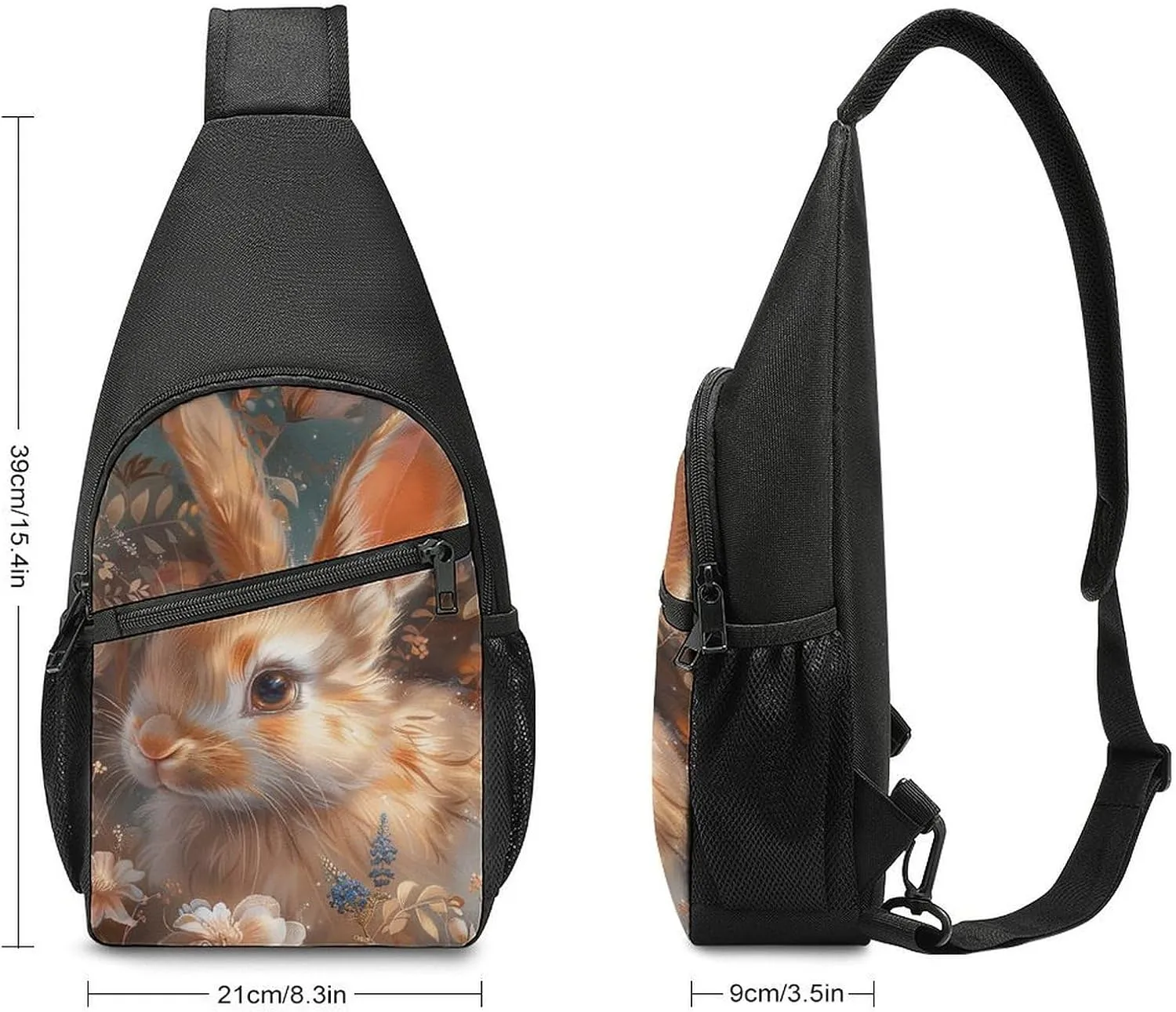 Sling Backpack for Women Men Crossbody Chest Bag Travel Floral Art Bunny Daypack Shoulder Bag for Hiking