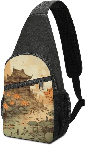 Sling Backpack for Women Men Crossbody Chest Bag Travel Flowers And Architecture Daypack Shoulder Bag for Hiking