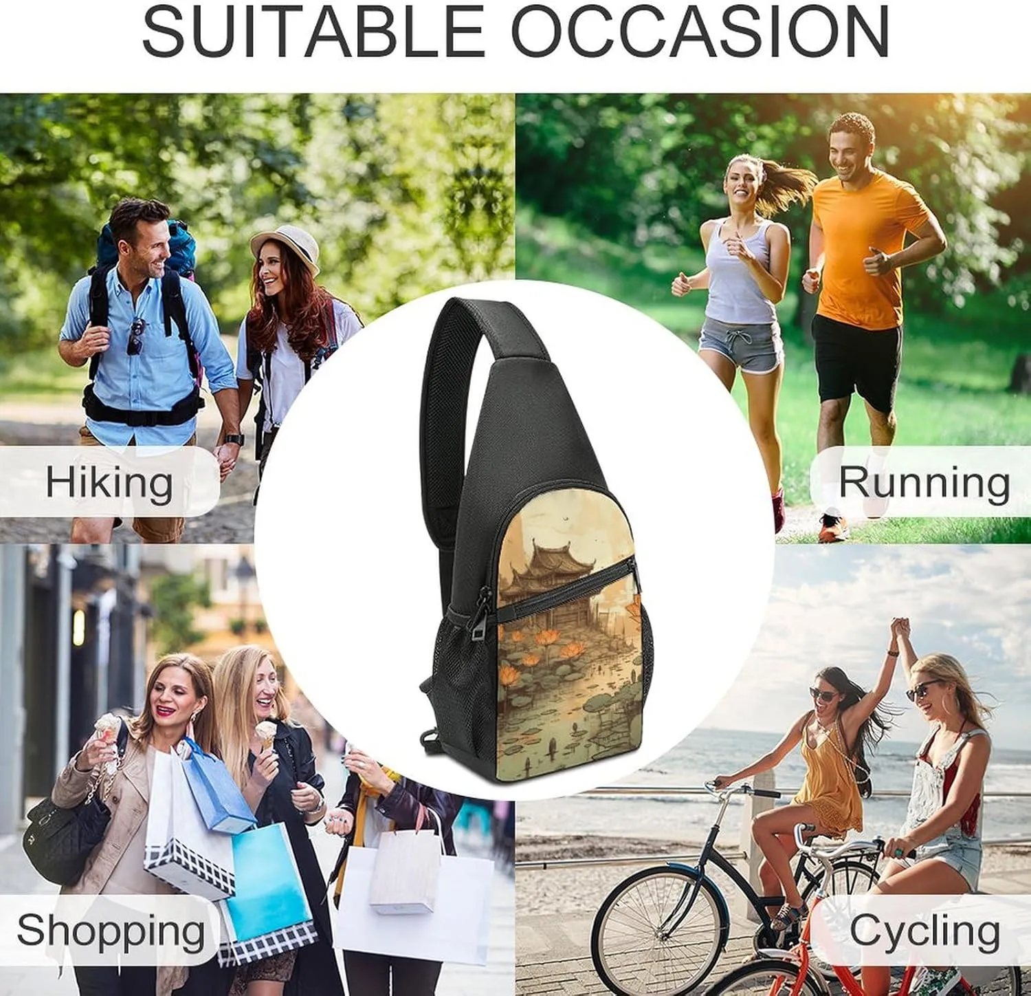 Sling Backpack for Women Men Crossbody Chest Bag Travel Flowers And Architecture Daypack Shoulder Bag for Hiking