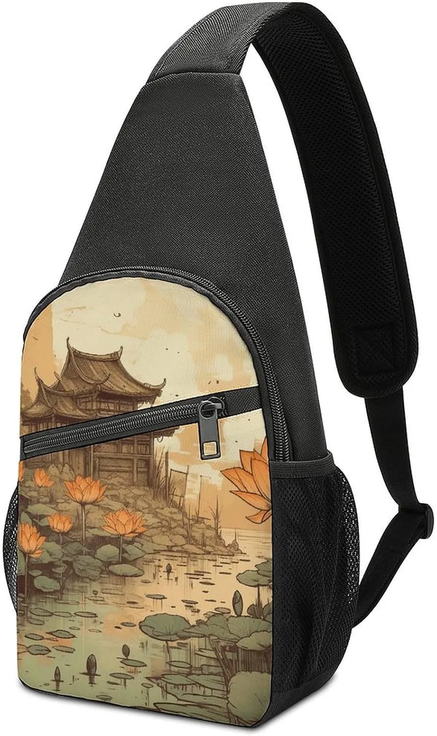Sling Backpack for Women Men Crossbody Chest Bag Travel Flowers And Architecture Daypack Shoulder Bag for Hiking
