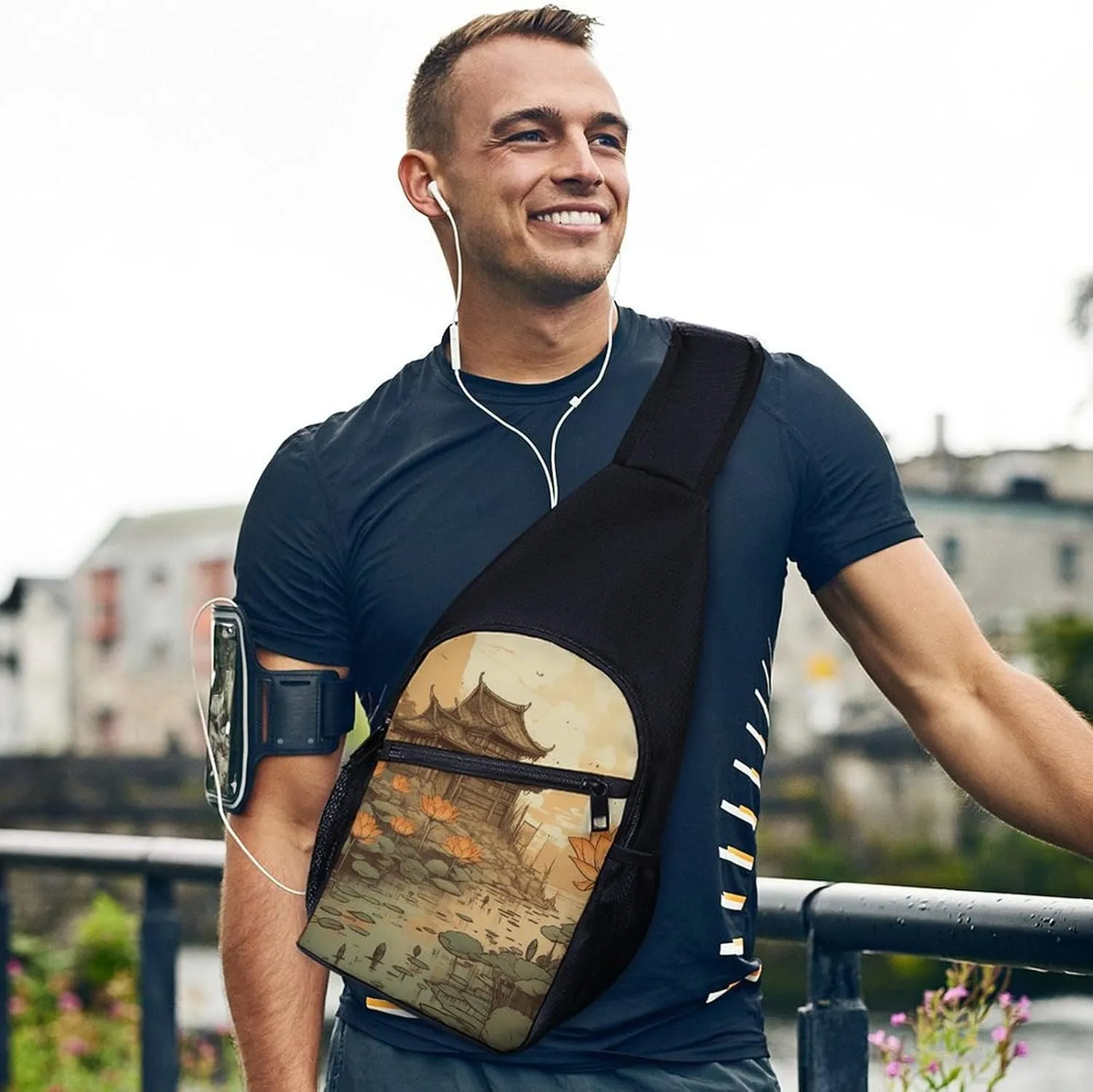 Sling Backpack for Women Men Crossbody Chest Bag Travel Flowers And Architecture Daypack Shoulder Bag for Hiking
