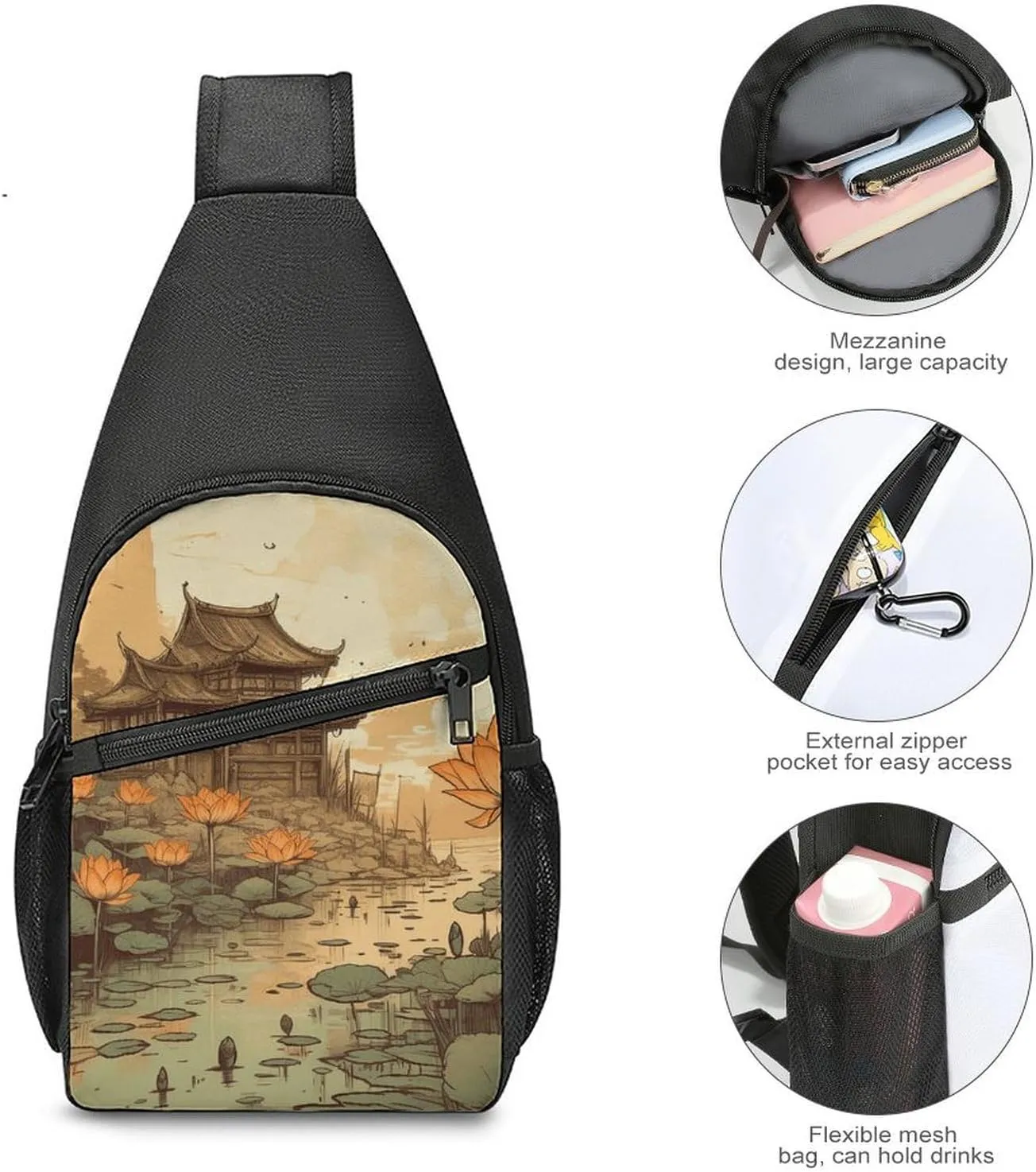 Sling Backpack for Women Men Crossbody Chest Bag Travel Flowers And Architecture Daypack Shoulder Bag for Hiking