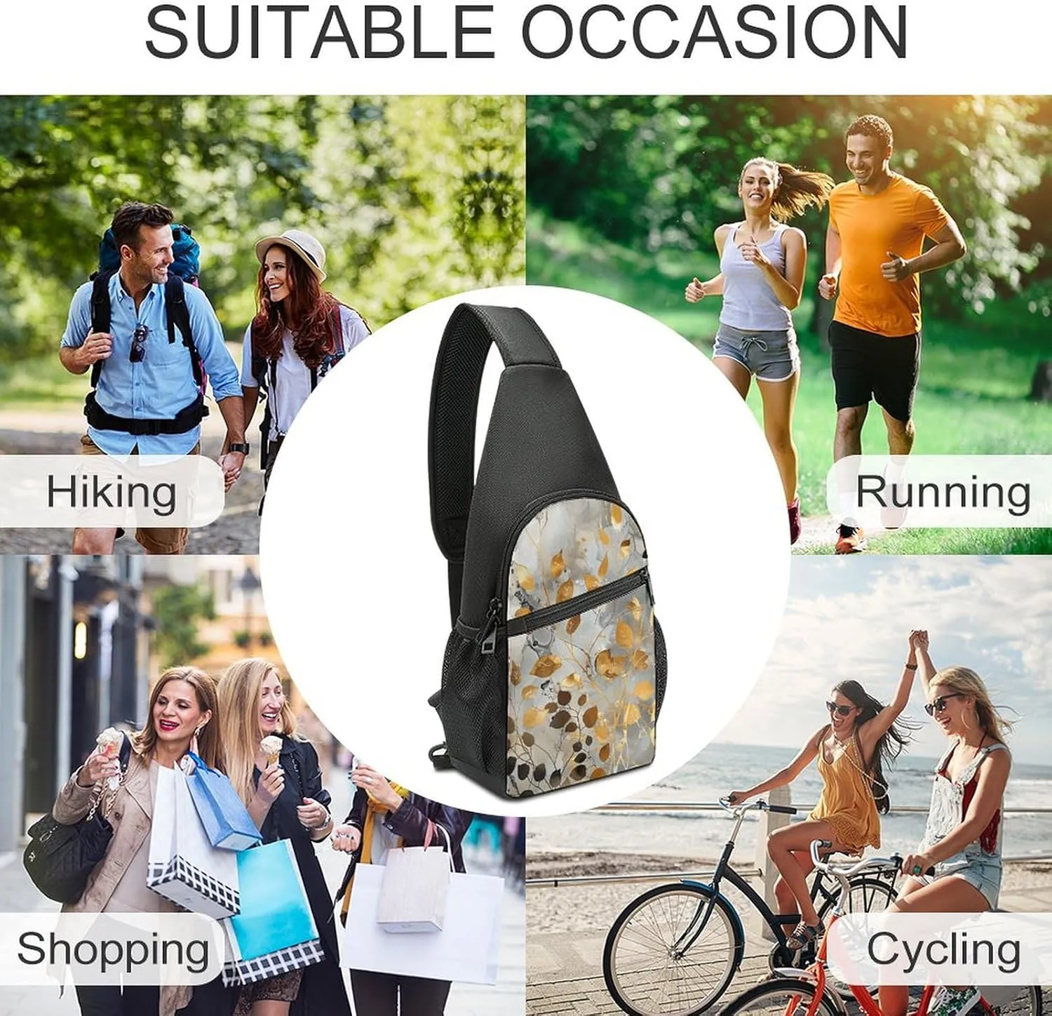 Sling Backpack for Women Men Crossbody Chest Bag Travel Gold Leaves And Twigs Daypack Shoulder Bag for Hiking