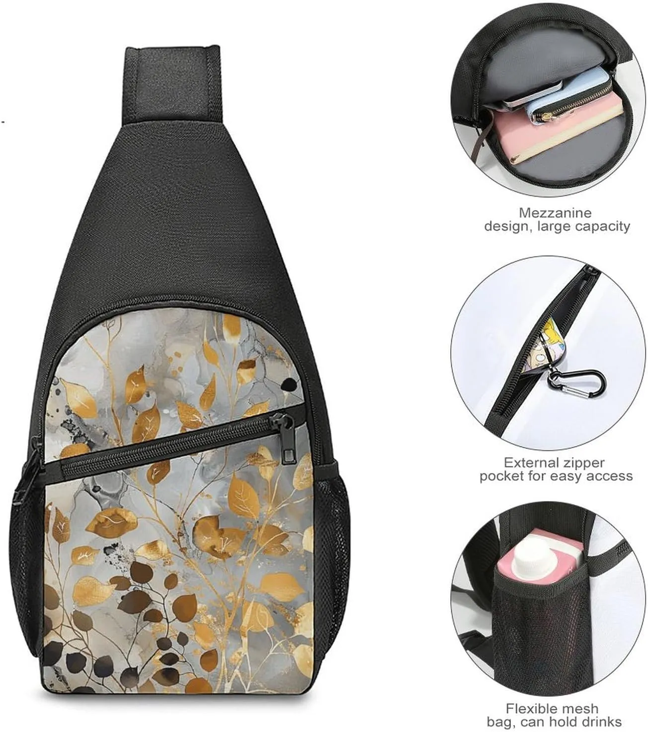 Sling Backpack for Women Men Crossbody Chest Bag Travel Gold Leaves And Twigs Daypack Shoulder Bag for Hiking