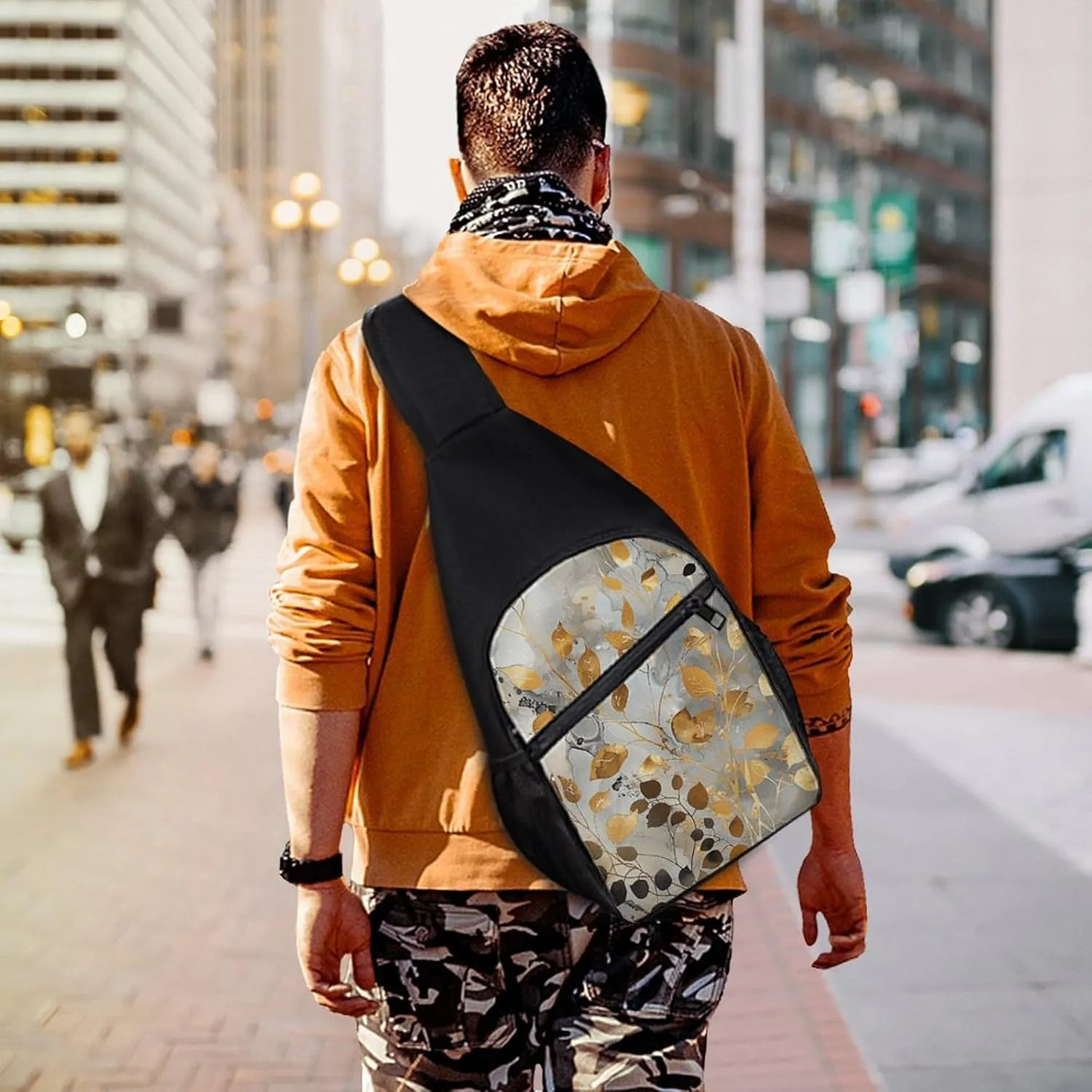 Sling Backpack for Women Men Crossbody Chest Bag Travel Gold Leaves And Twigs Daypack Shoulder Bag for Hiking