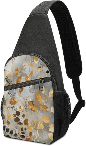 Sling Backpack for Women Men Crossbody Chest Bag Travel Gold Leaves And Twigs Daypack Shoulder Bag for Hiking