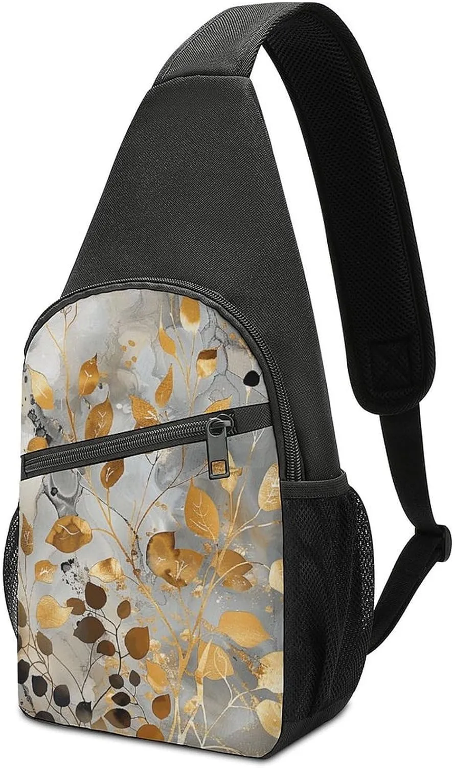 Sling Backpack for Women Men Crossbody Chest Bag Travel Gold Leaves And Twigs Daypack Shoulder Bag for Hiking
