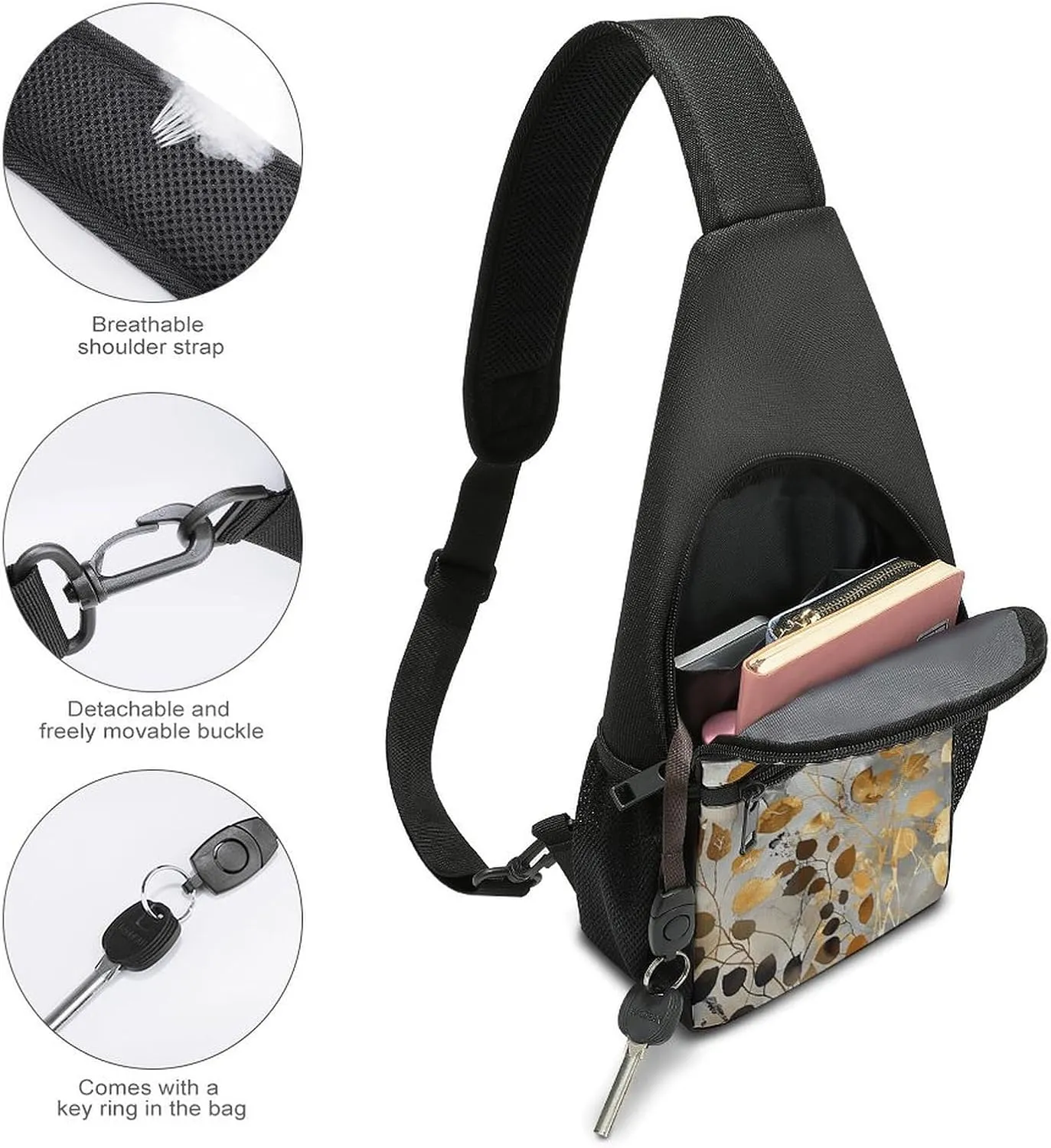 Sling Backpack for Women Men Crossbody Chest Bag Travel Gold Leaves And Twigs Daypack Shoulder Bag for Hiking
