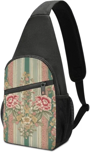Sling Backpack for Women Men Crossbody Chest Bag Travel Green And Peach Stripes Daypack Shoulder Bag for Hiking
