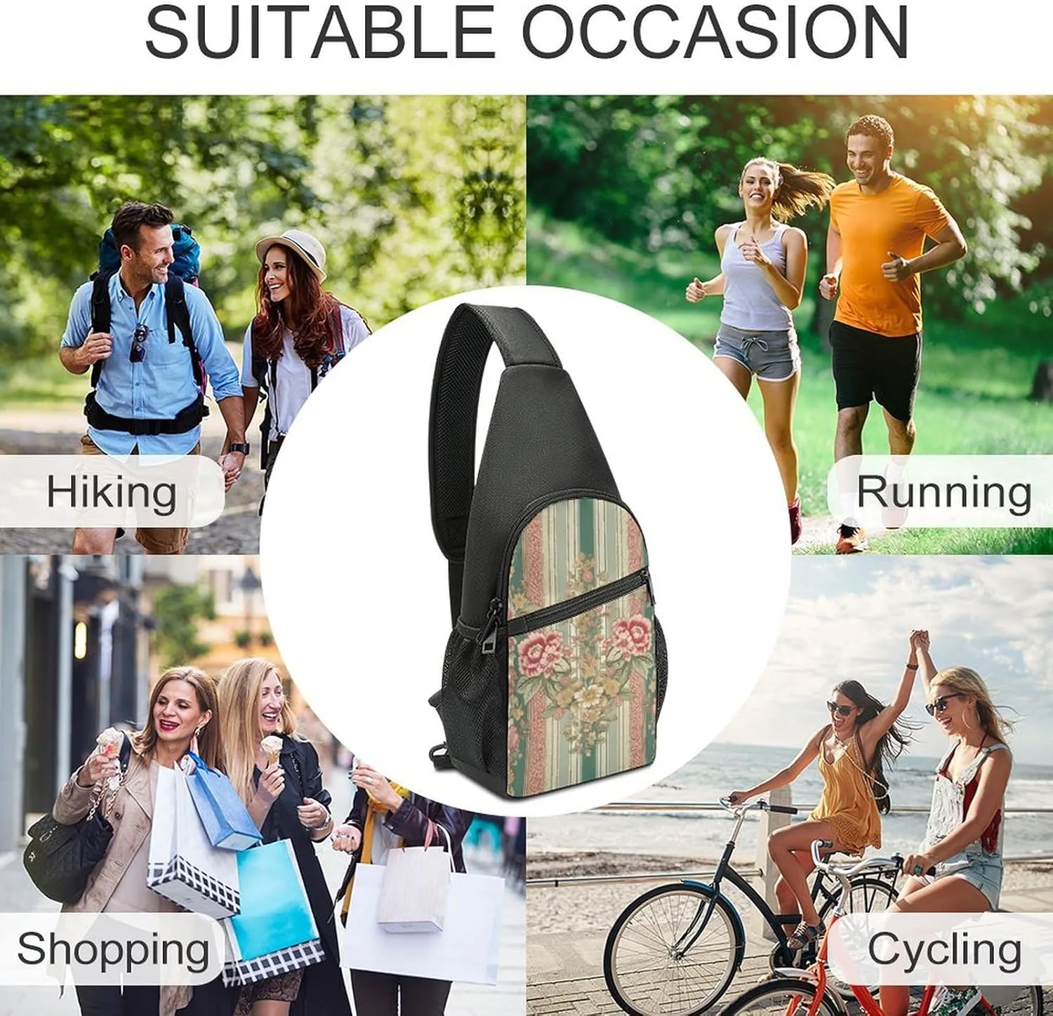Sling Backpack for Women Men Crossbody Chest Bag Travel Green And Peach Stripes Daypack Shoulder Bag for Hiking