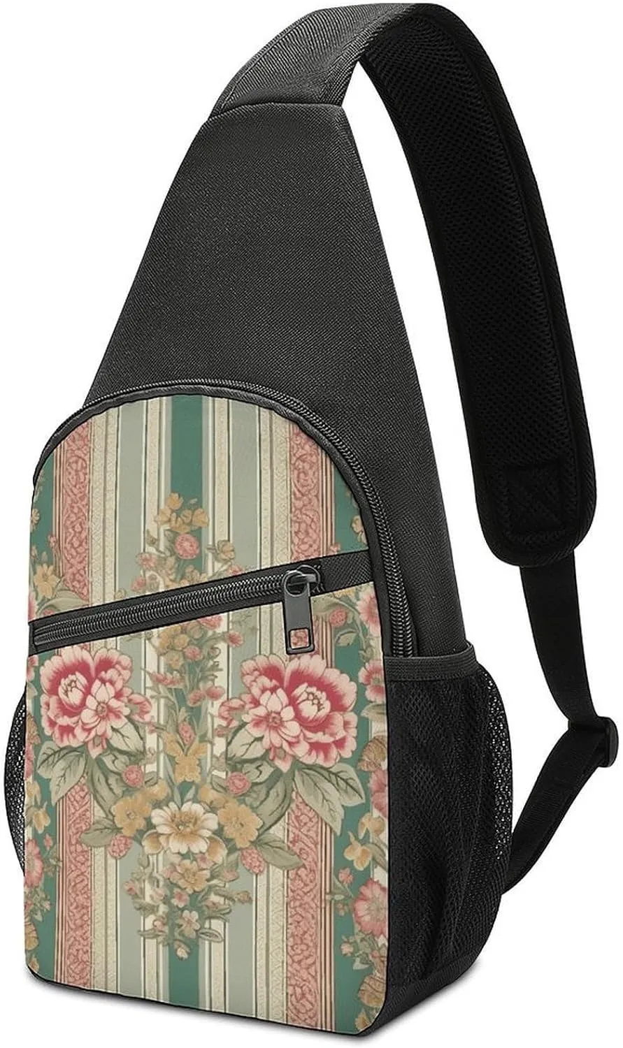 Sling Backpack for Women Men Crossbody Chest Bag Travel Green And Peach Stripes Daypack Shoulder Bag for Hiking