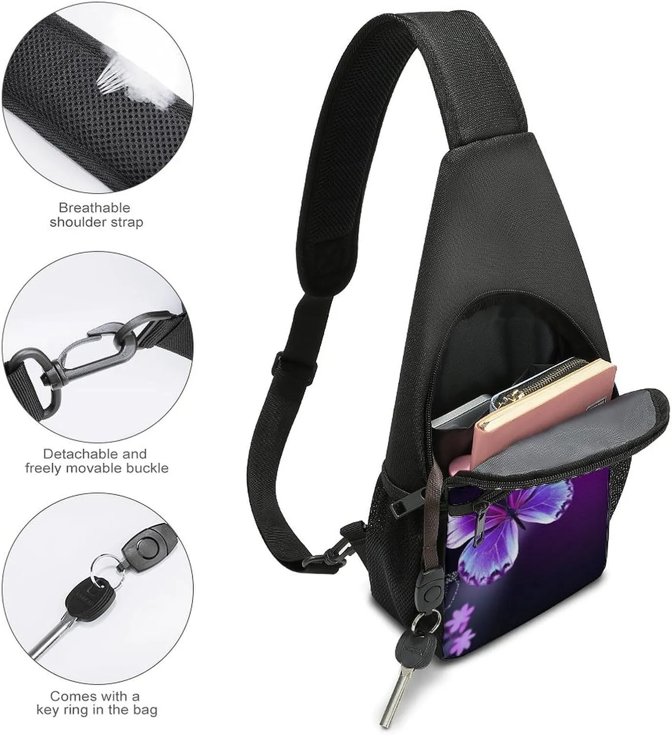 Sling Backpack for Women Men Crossbody Chest Bag Travel Lovely Purple Butterfly Daypack Shoulder Bag for Hiking