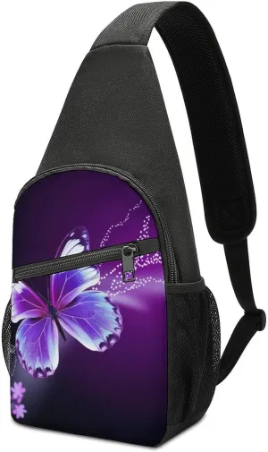 Sling Backpack for Women Men Crossbody Chest Bag Travel Lovely Purple Butterfly Daypack Shoulder Bag for Hiking