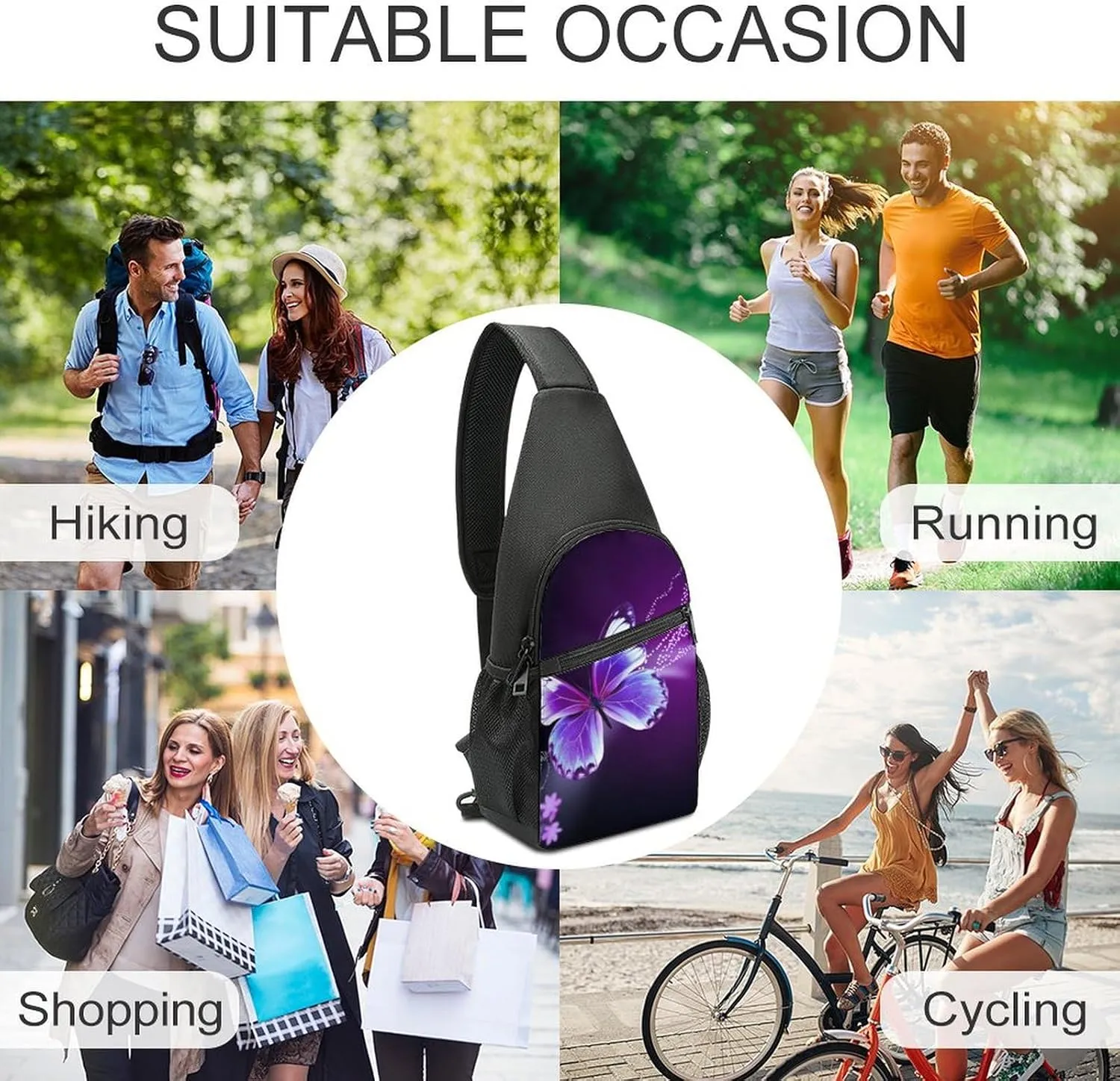 Sling Backpack for Women Men Crossbody Chest Bag Travel Lovely Purple Butterfly Daypack Shoulder Bag for Hiking