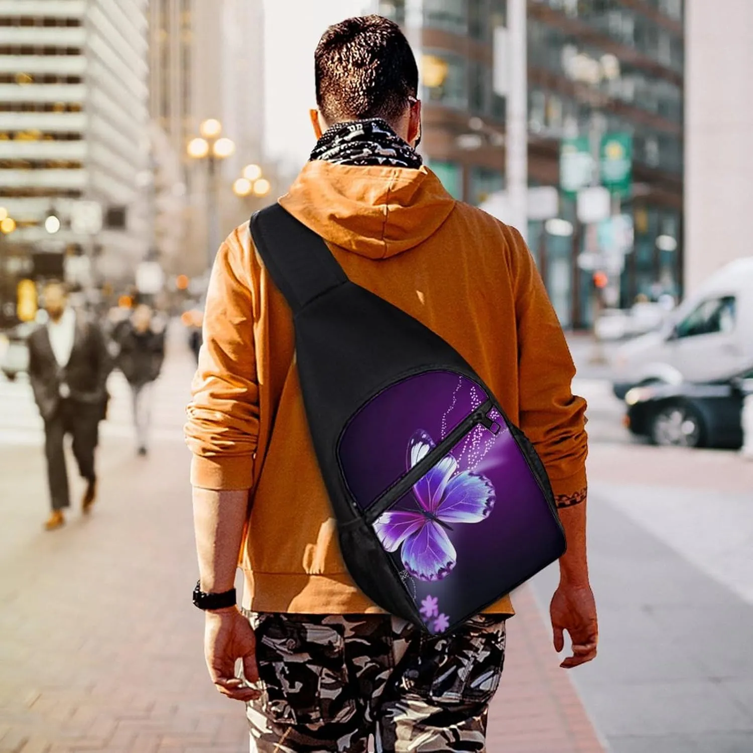 Sling Backpack for Women Men Crossbody Chest Bag Travel Lovely Purple Butterfly Daypack Shoulder Bag for Hiking