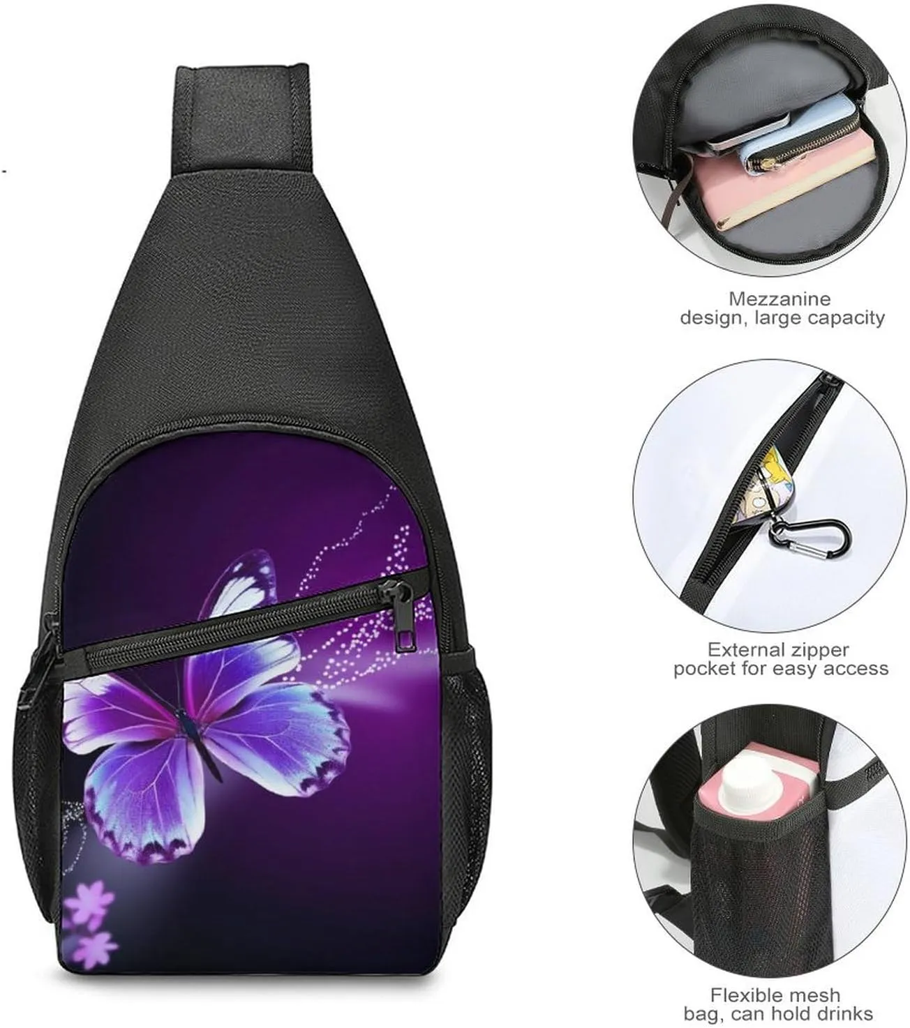 Sling Backpack for Women Men Crossbody Chest Bag Travel Lovely Purple Butterfly Daypack Shoulder Bag for Hiking