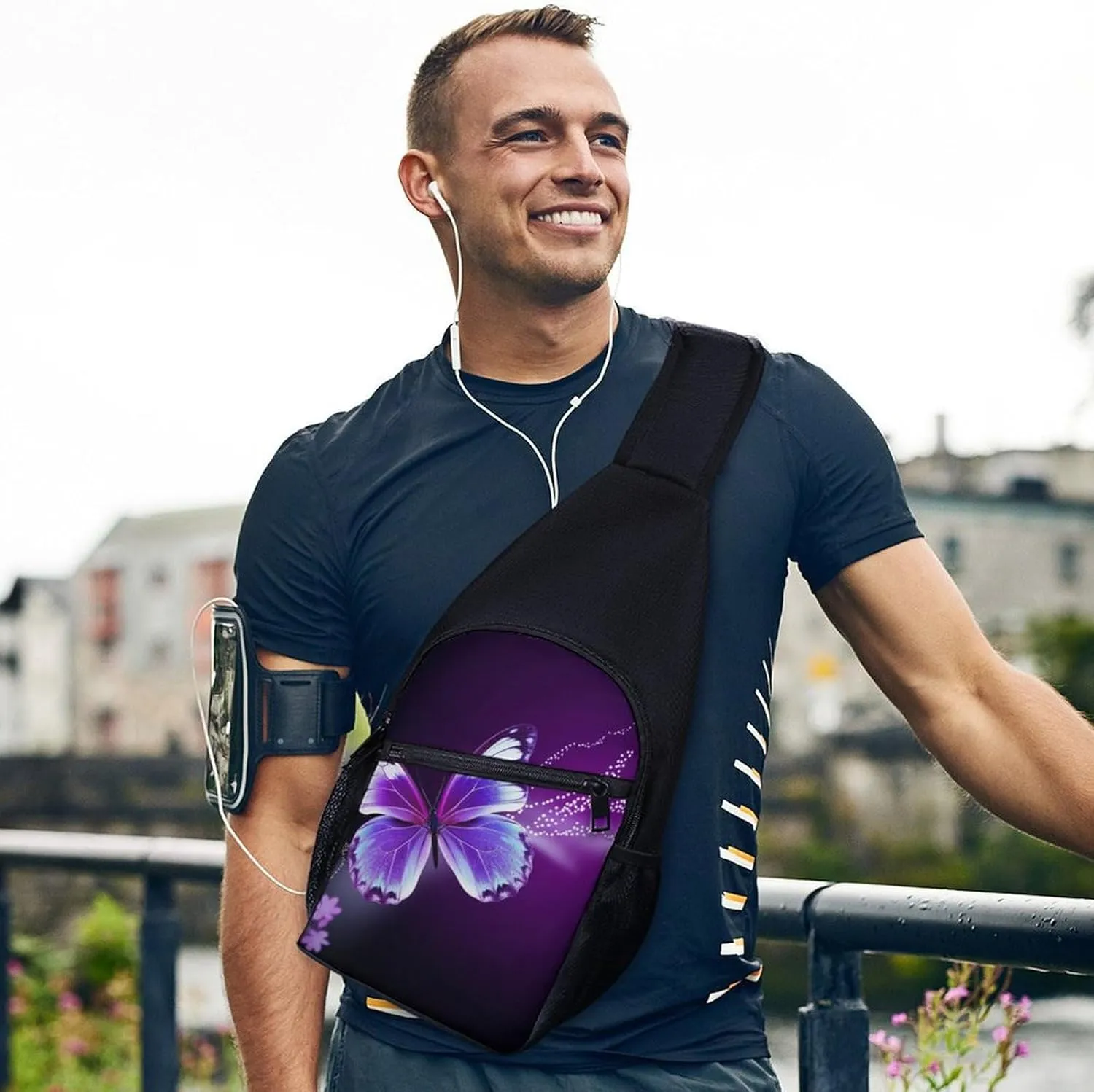 Sling Backpack for Women Men Crossbody Chest Bag Travel Lovely Purple Butterfly Daypack Shoulder Bag for Hiking