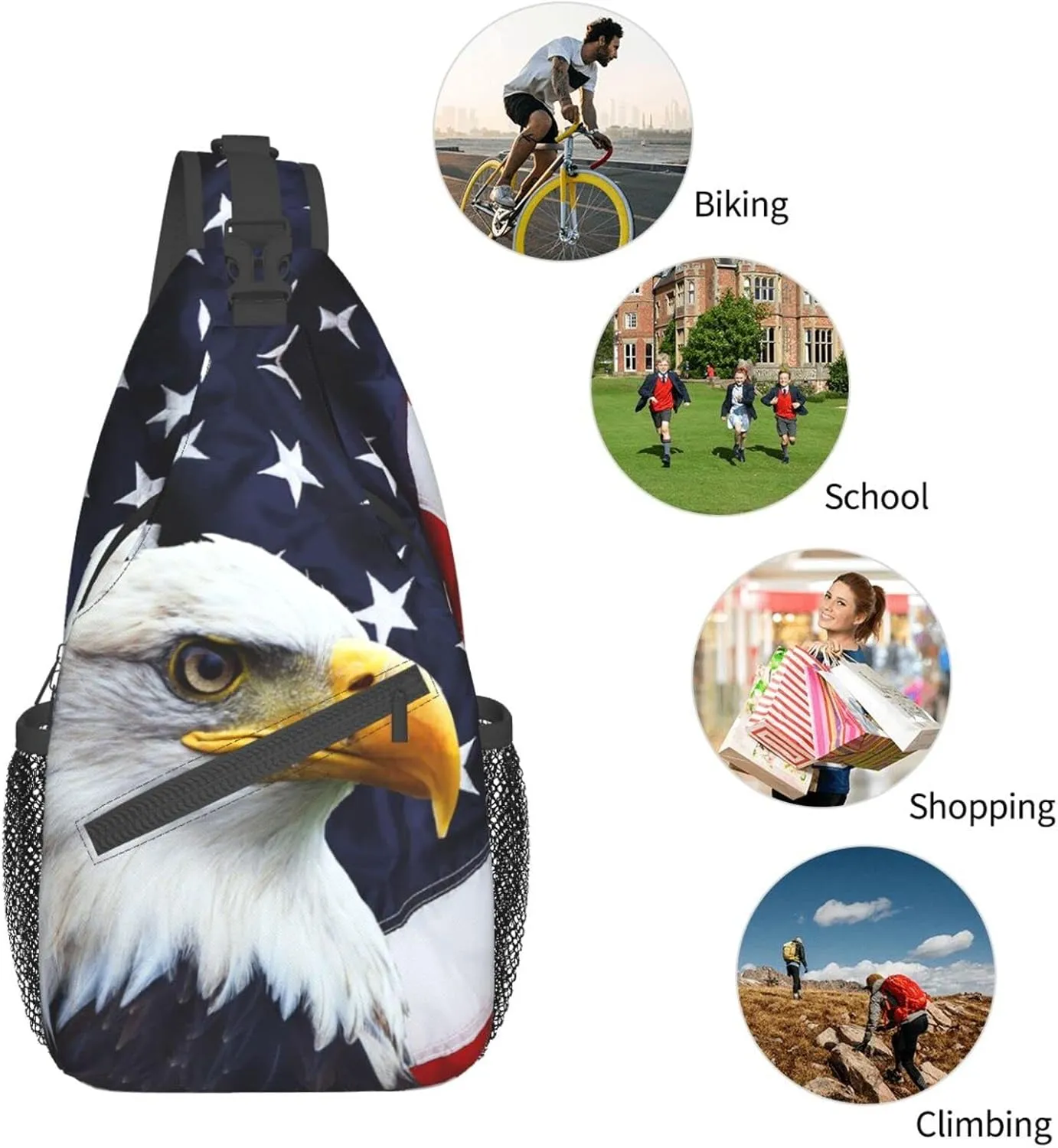 Sling Backpack Us Bald Eagle Multipurpose Crossbody Shoulder Bag American Flag Chest Daypack For Gym Travel Hiking Free Size