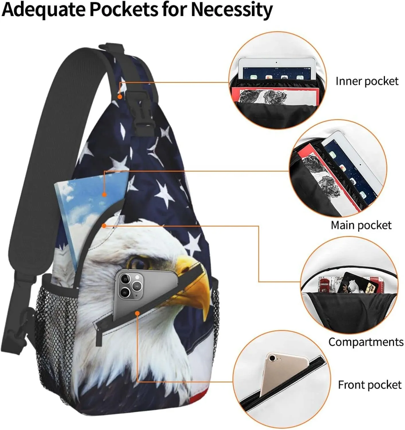 Sling Backpack Us Bald Eagle Multipurpose Crossbody Shoulder Bag American Flag Chest Daypack For Gym Travel Hiking Free Size