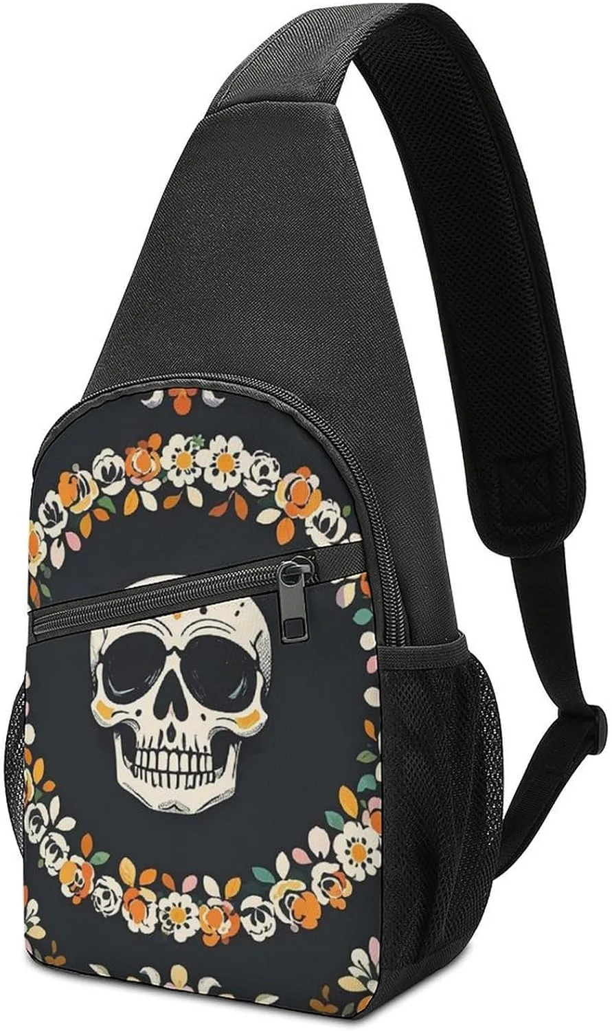 Sling Bag A Wreath Surrounds The Skeleton Crossbody Bag Sling Backpack Chest Bag Casual Daypack for Travel Hiking