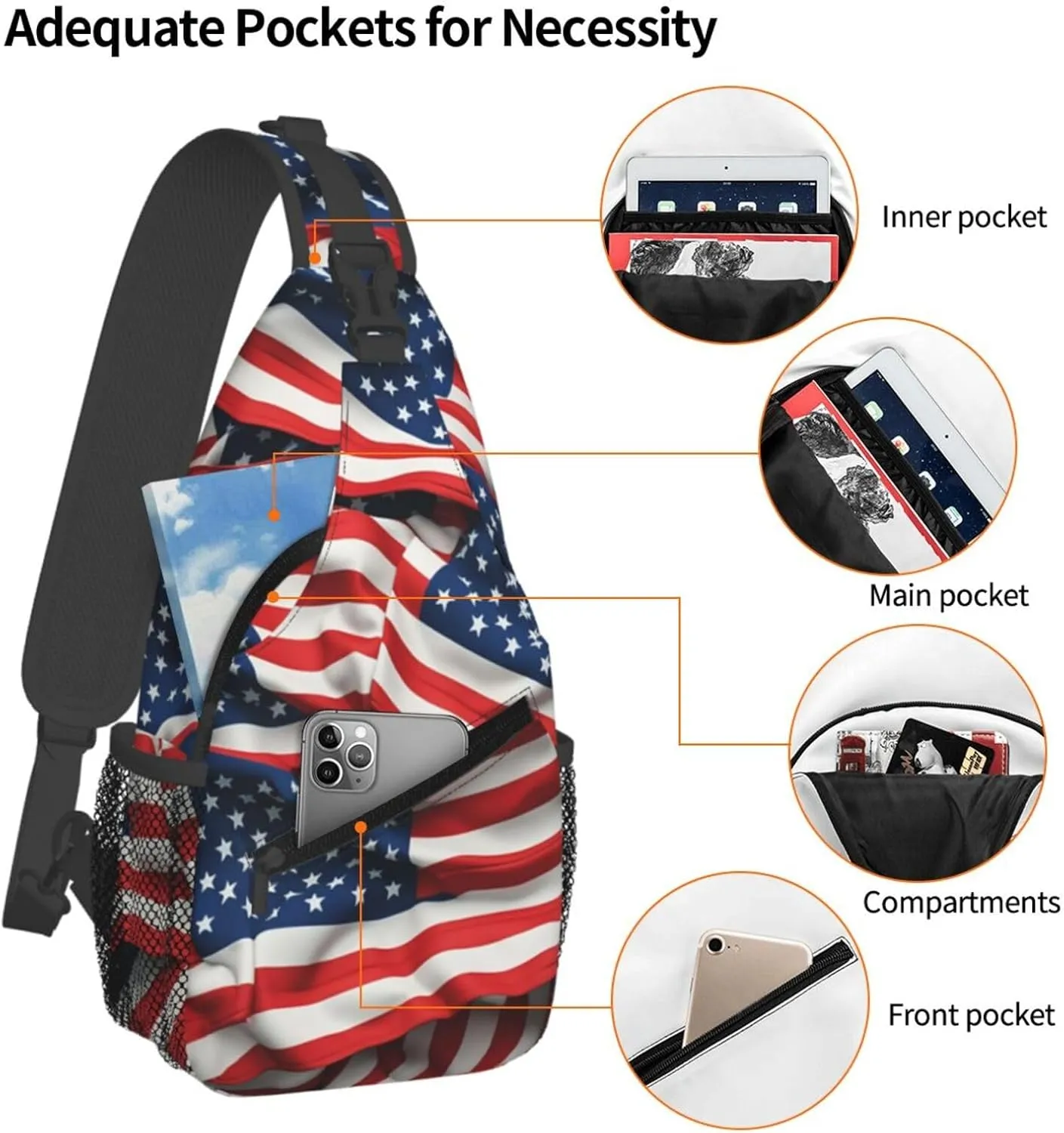 Sling Bag Crossbody Sling Backpack for Men Women Usa Flag Cross Chest Bag Travel Hiking Daypack