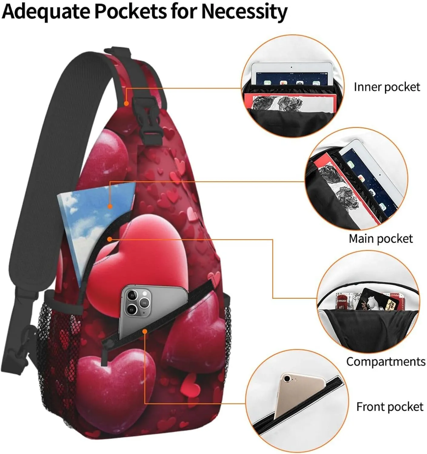 Sling Bag Crossbody Sling Backpack for Men Women Valentines Love Hearts Cross Chest Bag Travel Hiking Daypack
