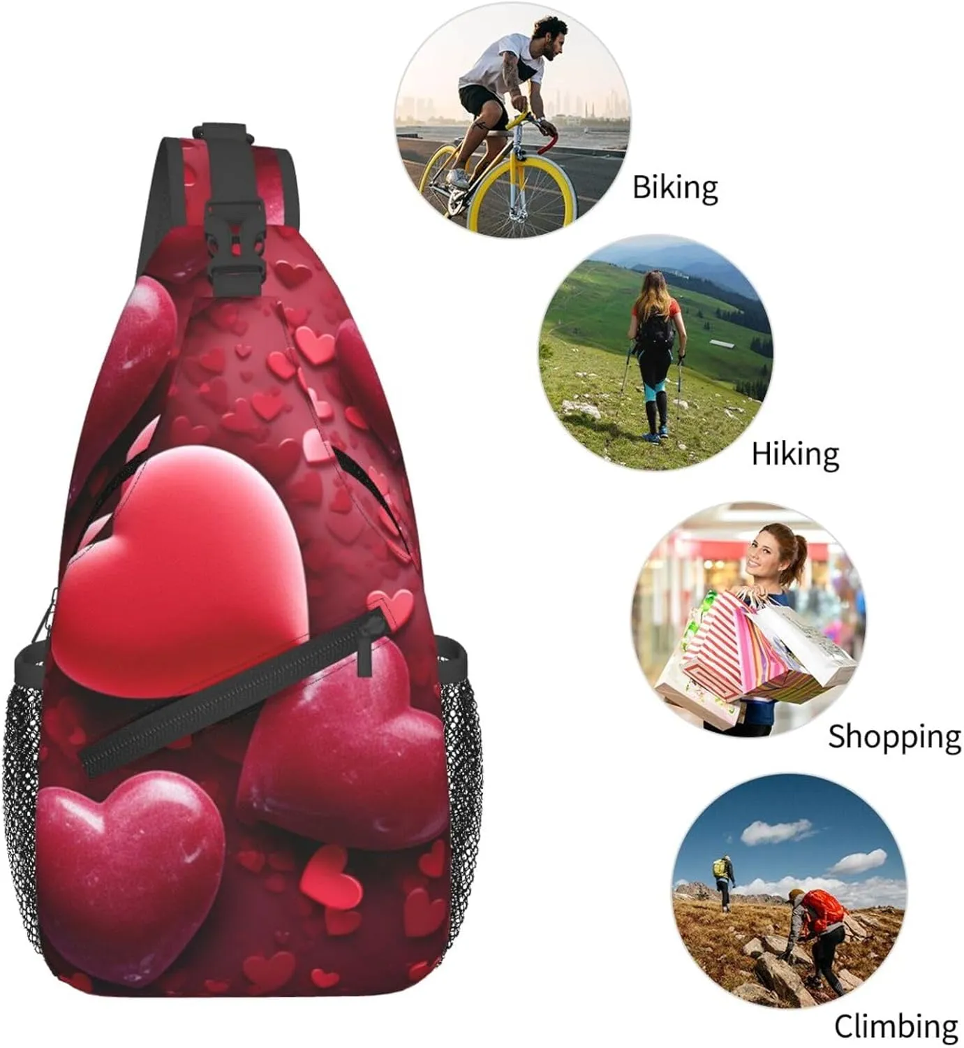 Sling Bag Crossbody Sling Backpack for Men Women Valentines Love Hearts Cross Chest Bag Travel Hiking Daypack