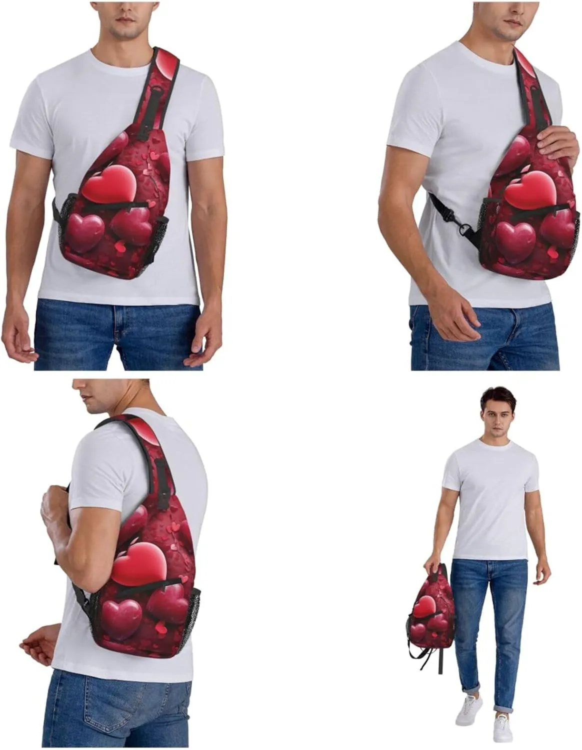 Sling Bag Crossbody Sling Backpack for Men Women Valentines Love Hearts Cross Chest Bag Travel Hiking Daypack