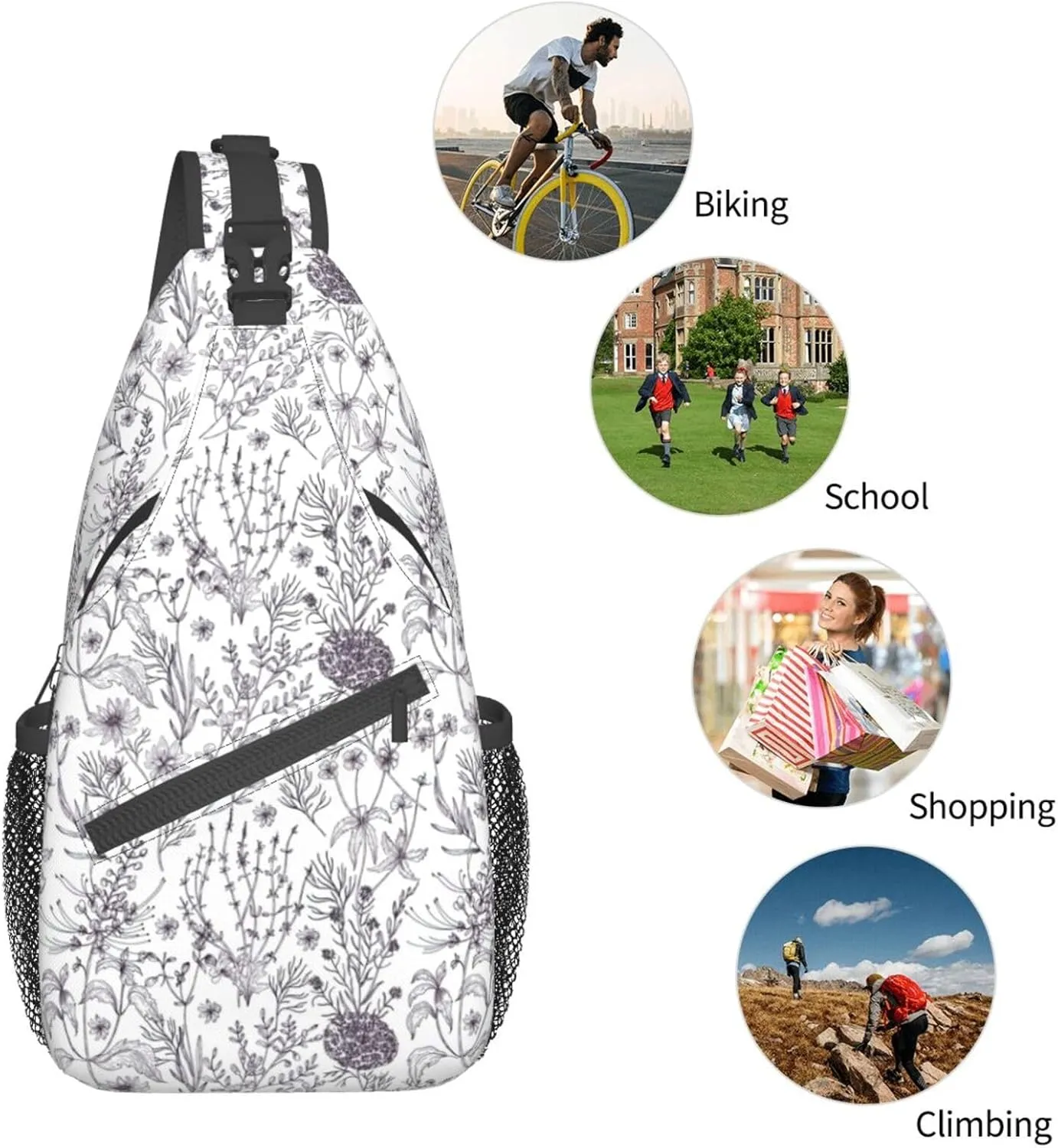 Sling Bag Floral Rose With Leaves Spring Print Sling Backpack Crossbody Chest Bag Daypack For Hiking Travel