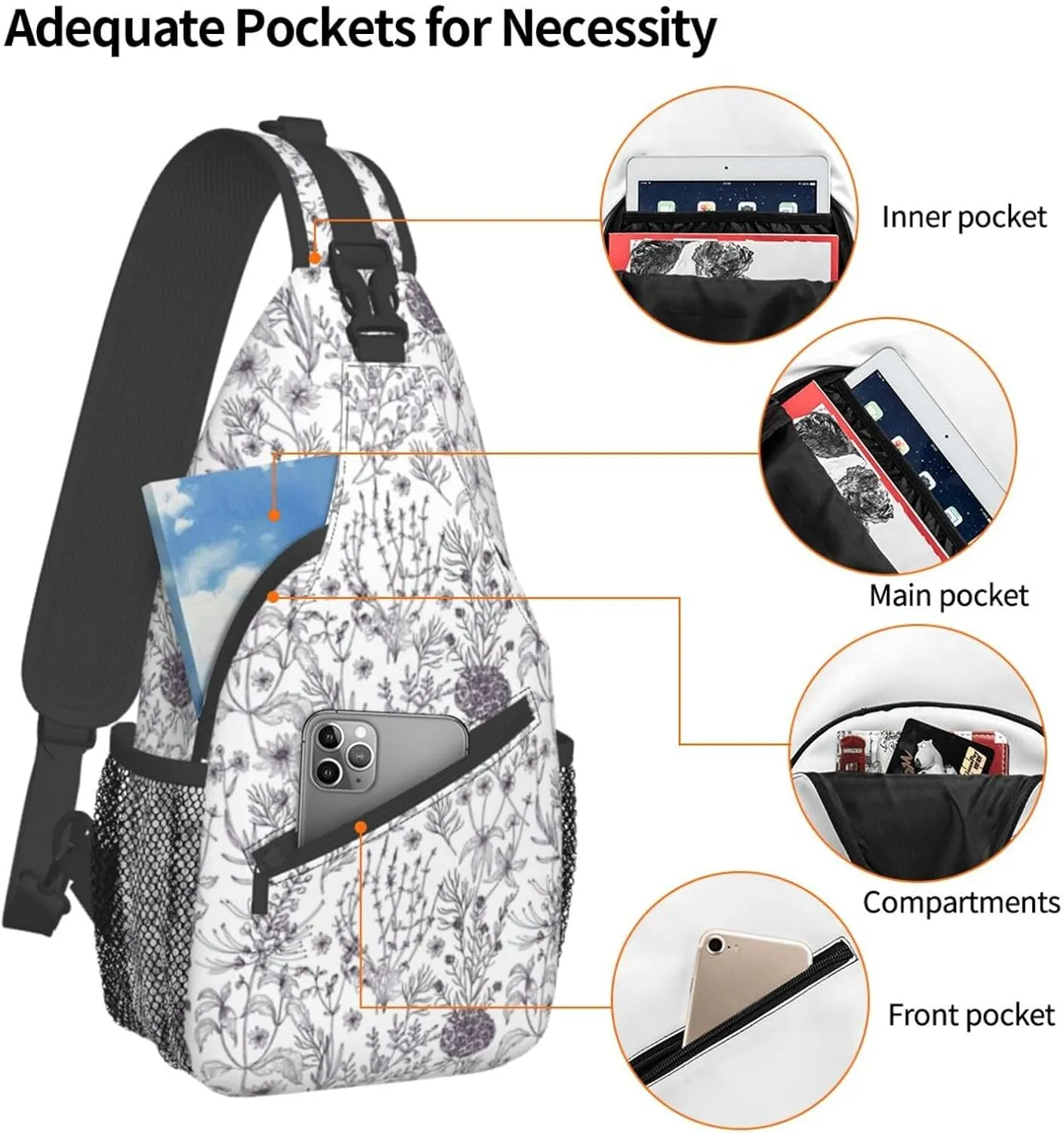 Sling Bag Floral Rose With Leaves Spring Print Sling Backpack Crossbody Chest Bag Daypack For Hiking Travel