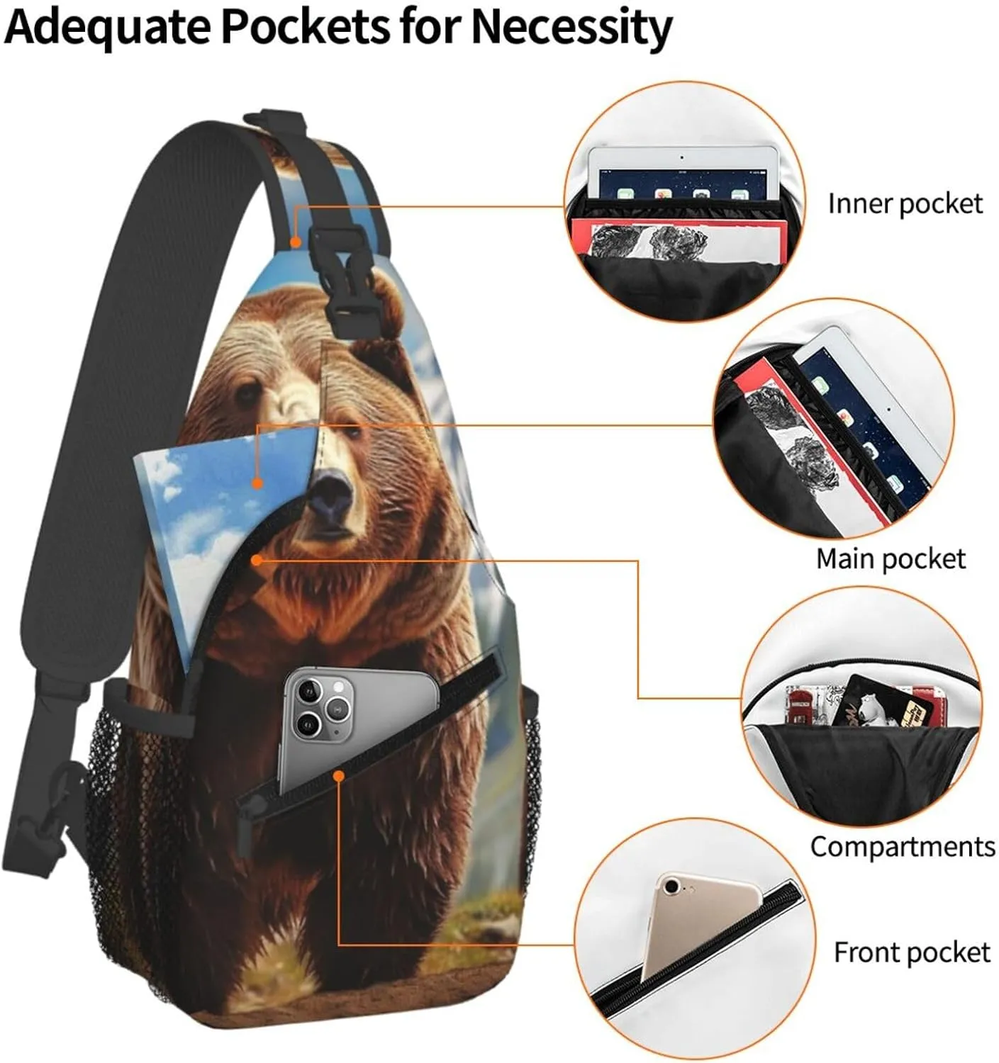 Sling Bag for Men Women Crossbody Backpack Grizzly Bear Crossbody Bag Chest Bag for Travel Sport