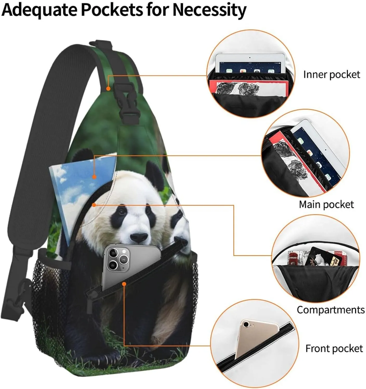 Sling Bag for Men Women Crossbody Backpack Two Big Pandas Crossbody Bag Chest Bag for Travel Sport