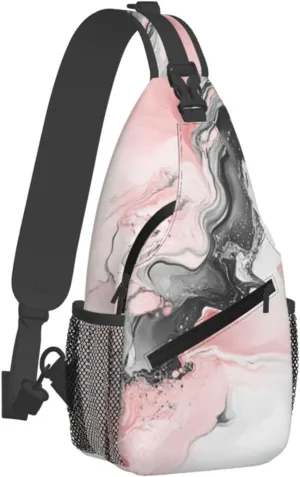 Sling Bag for Men Women Pastel Pink White Marble Abstract Ink Crossbody Backpack Casual Hiking Daypack for Travel Sport Running Chest Bag