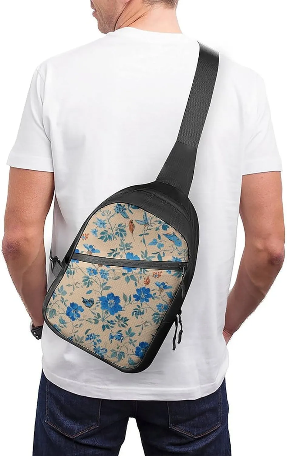 Sling Bag for Women Men Daypack Blue White Flowers Birds Chest Bag Crossbody Backpack for Hiking Travel
