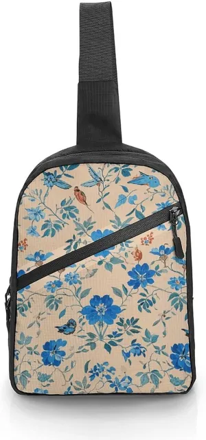 Sling Bag for Women Men Daypack Blue White Flowers Birds Chest Bag Crossbody Backpack for Hiking Travel