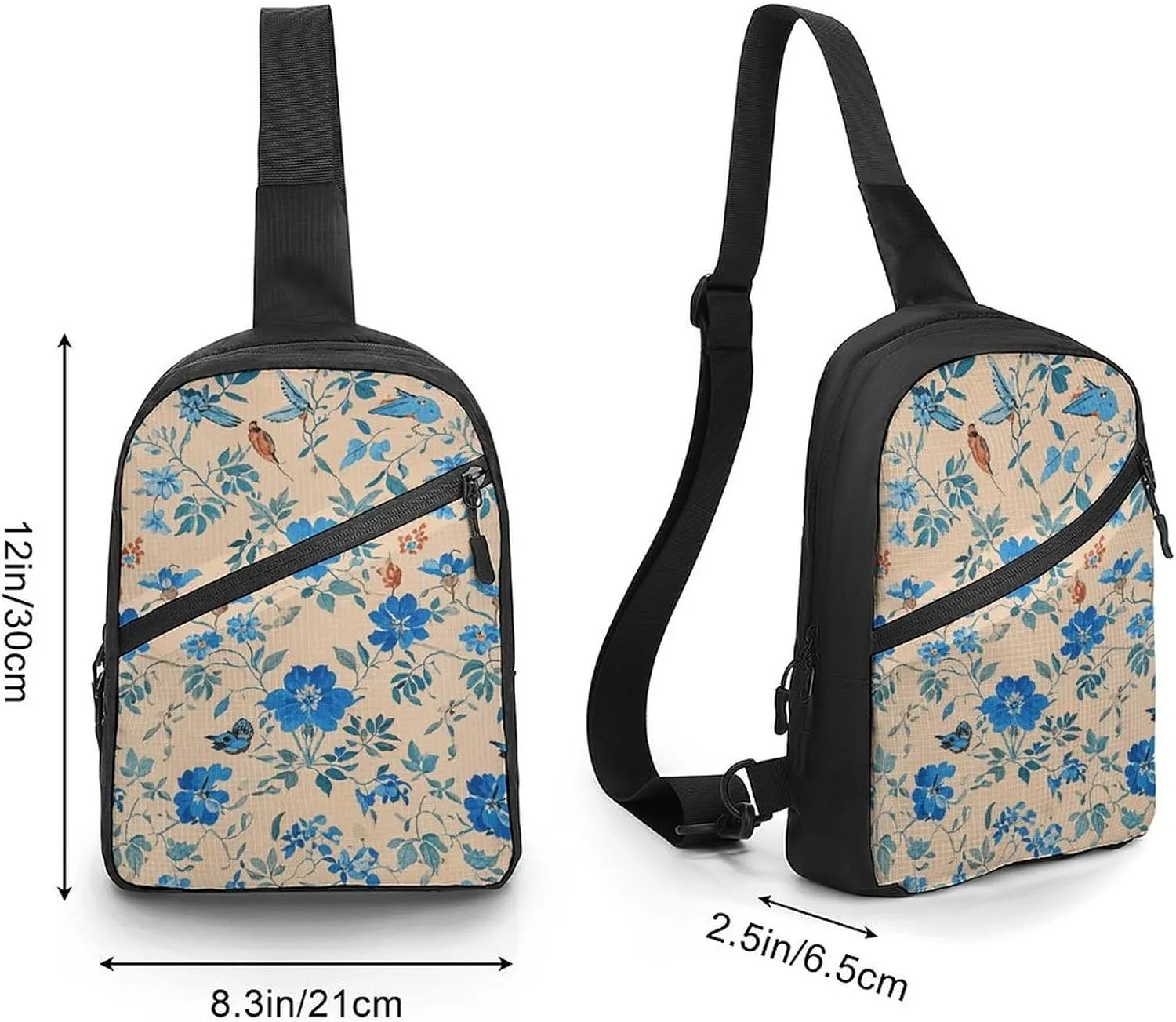 Sling Bag for Women Men Daypack Blue White Flowers Birds Chest Bag Crossbody Backpack for Hiking Travel