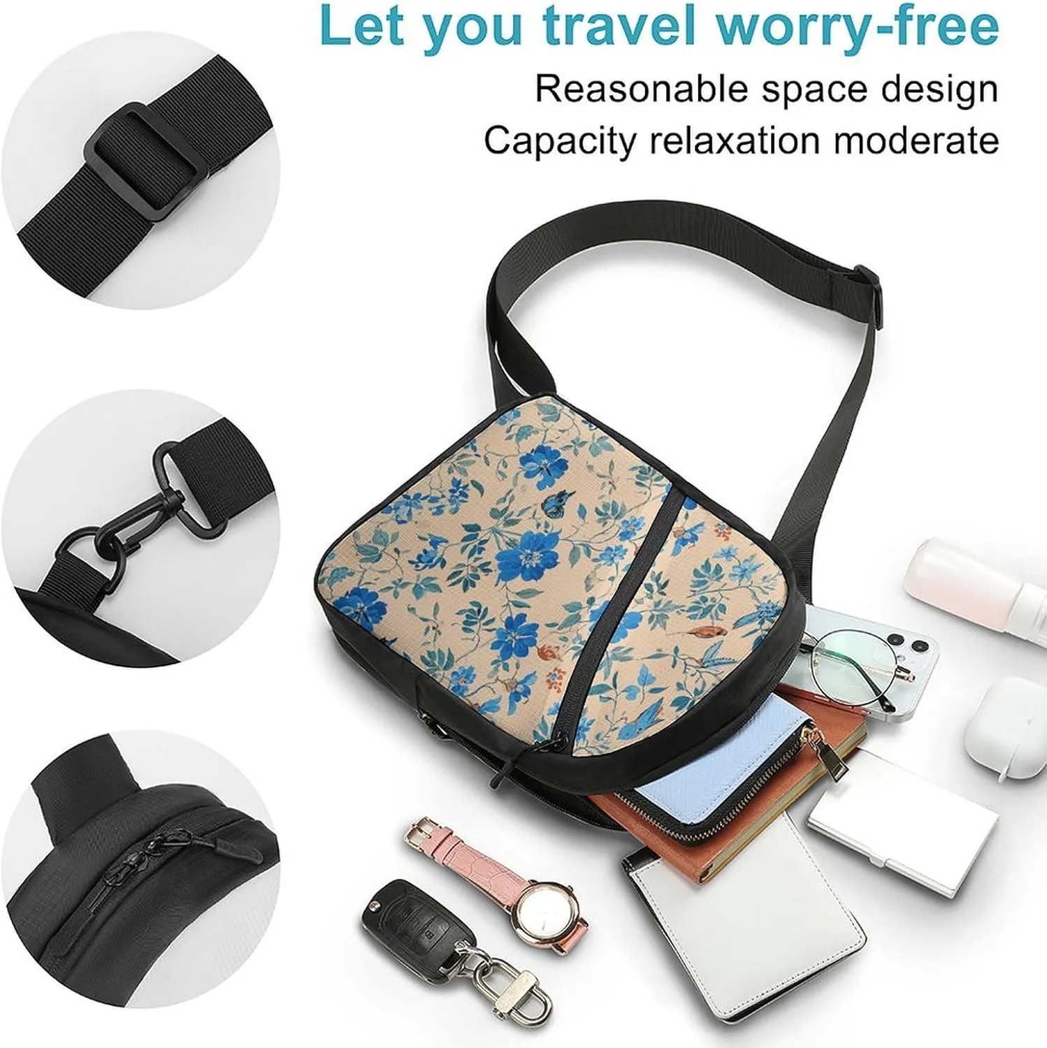 Sling Bag for Women Men Daypack Blue White Flowers Birds Chest Bag Crossbody Backpack for Hiking Travel