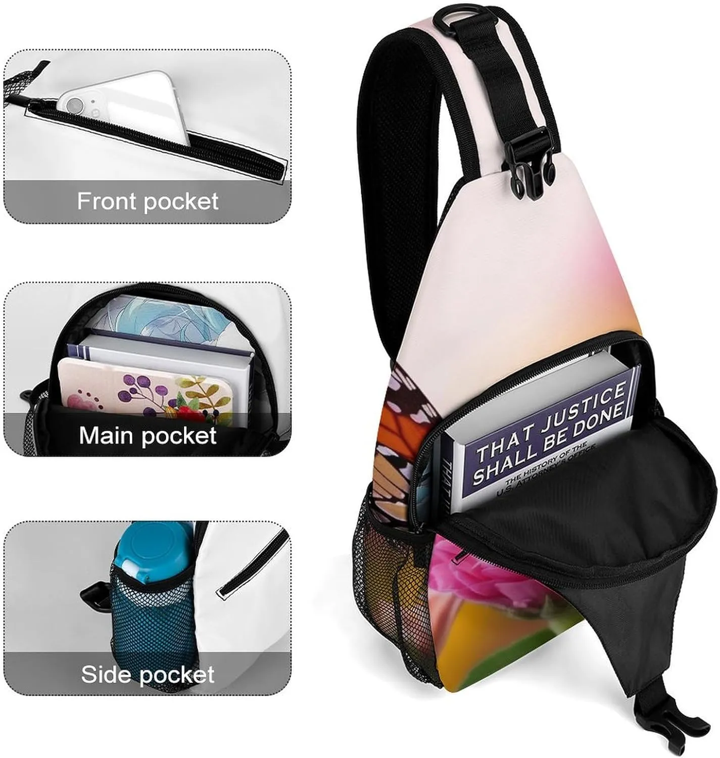 Sling Bag for Women Men Daypack Butterfly Kissing Flowers Chest Bag Crossbody Backpack for Hiking Travel