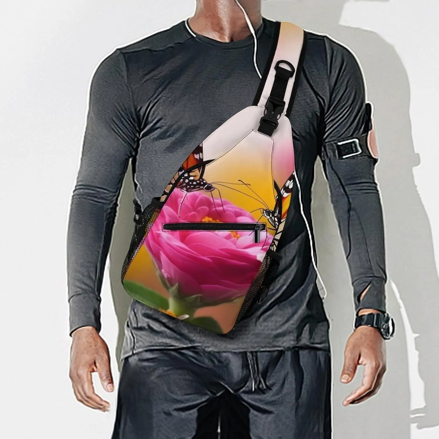 Sling Bag for Women Men Daypack Butterfly Kissing Flowers Chest Bag Crossbody Backpack for Hiking Travel